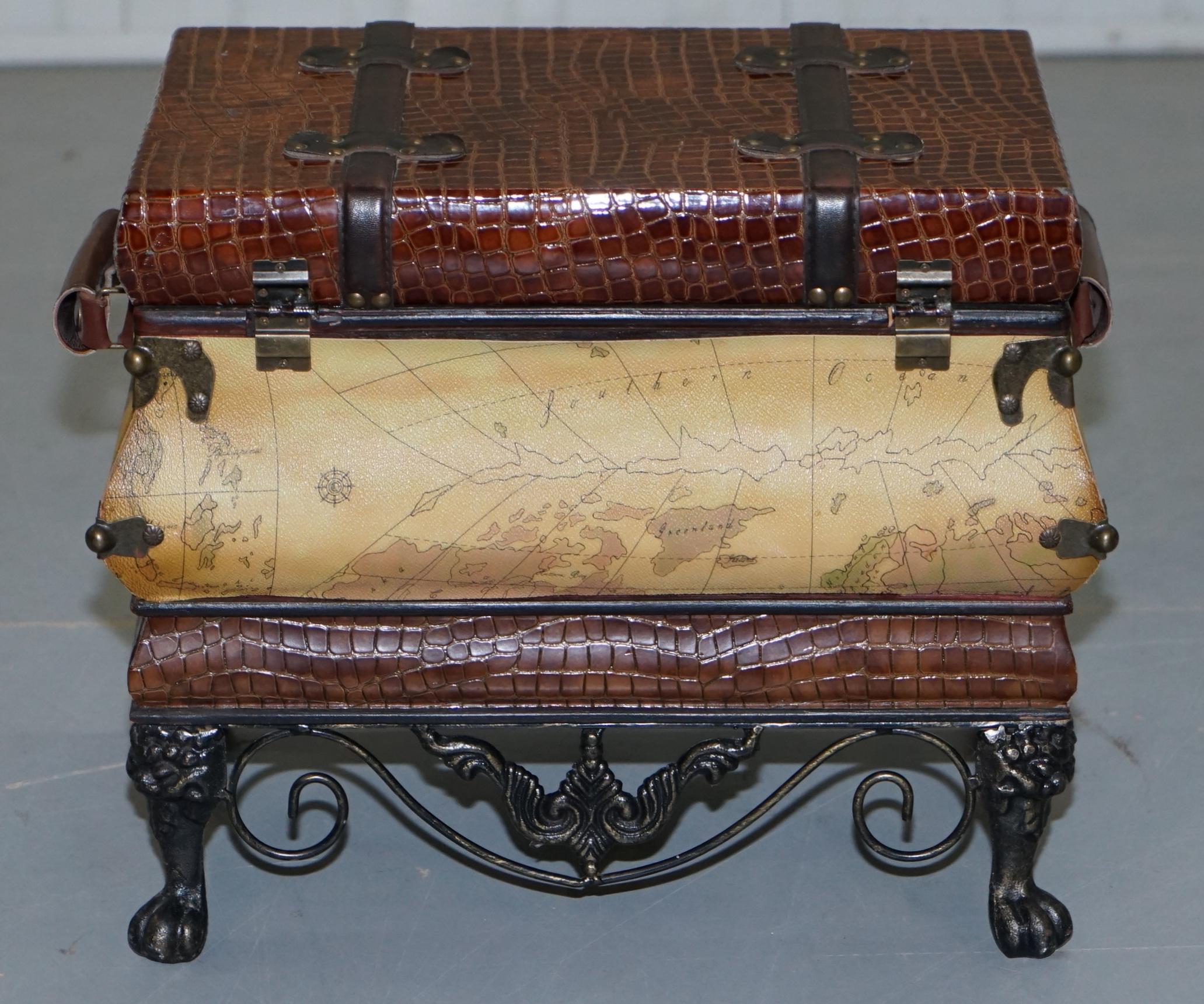 Small Vintage Style Luggage Trunk Chest Wrought Iron Base Map Detailing Must See In Good Condition In West Sussex, Pulborough