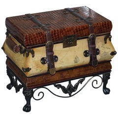 Small Vintage Style Luggage Trunk Chest Wrought Iron Base Map Detailing Must See