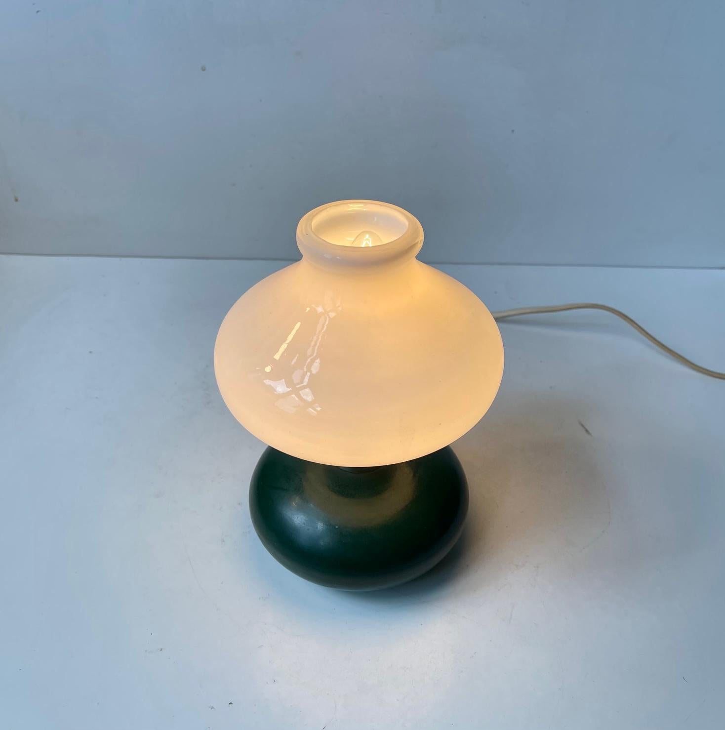Scandinavian Modern Small Vintage Swedish Table Lamp in Opaline and Green Glass