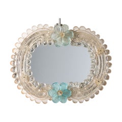 Small Vintage Venetian Murano Glass Wall Mirror with Turquoise Flowers