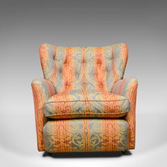 Small, Vintage Winged Armchair, English, Upholstered Button-Back Chair