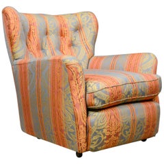 Small, Vintage Winged Armchair, English, Upholstered Button-Back Chair