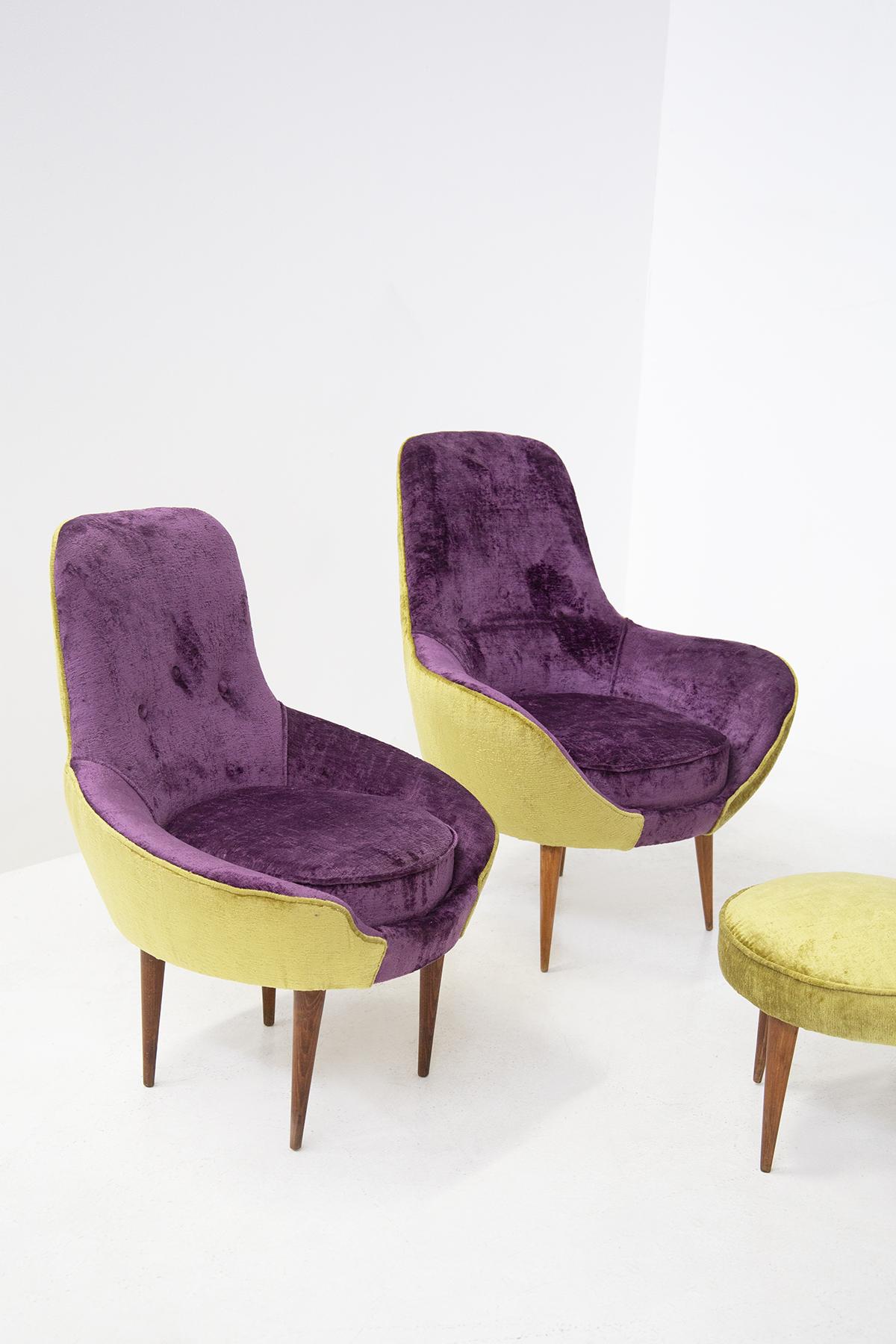 Small Vintage Wooden Armchairs in Velvet Purple and Green with Pouf For Sale 5