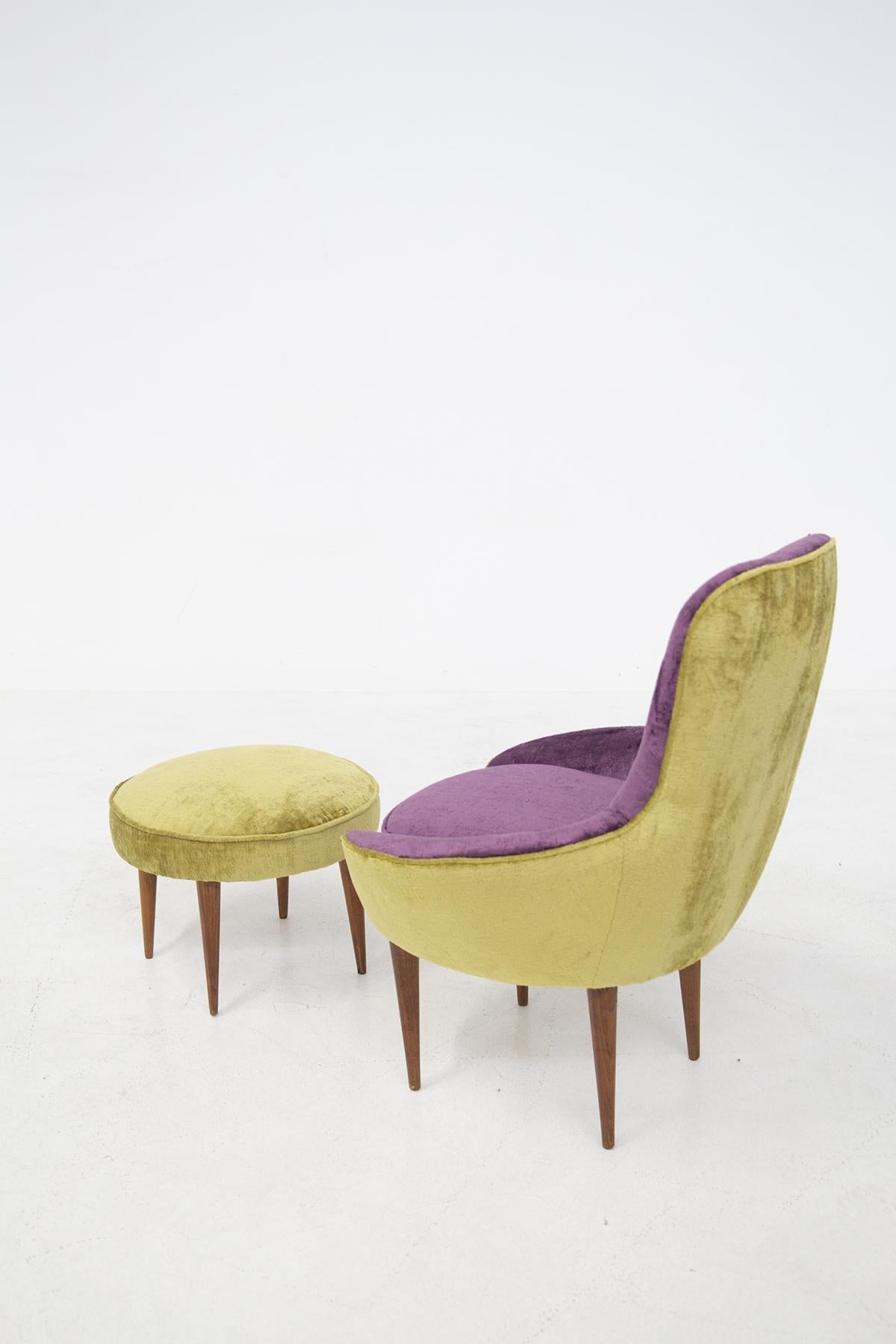 Small Vintage Wooden Armchairs in Velvet Purple and Green with Pouf For Sale 6