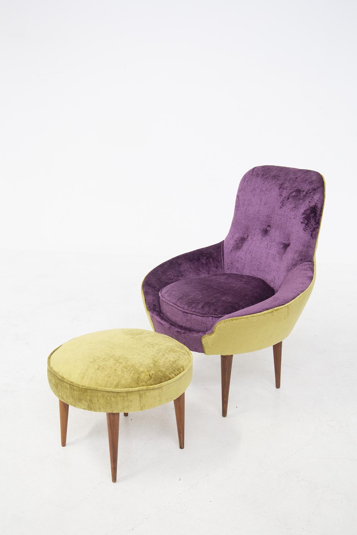 Small Vintage Wooden Armchairs in Velvet Purple and Green with Pouf For Sale 7