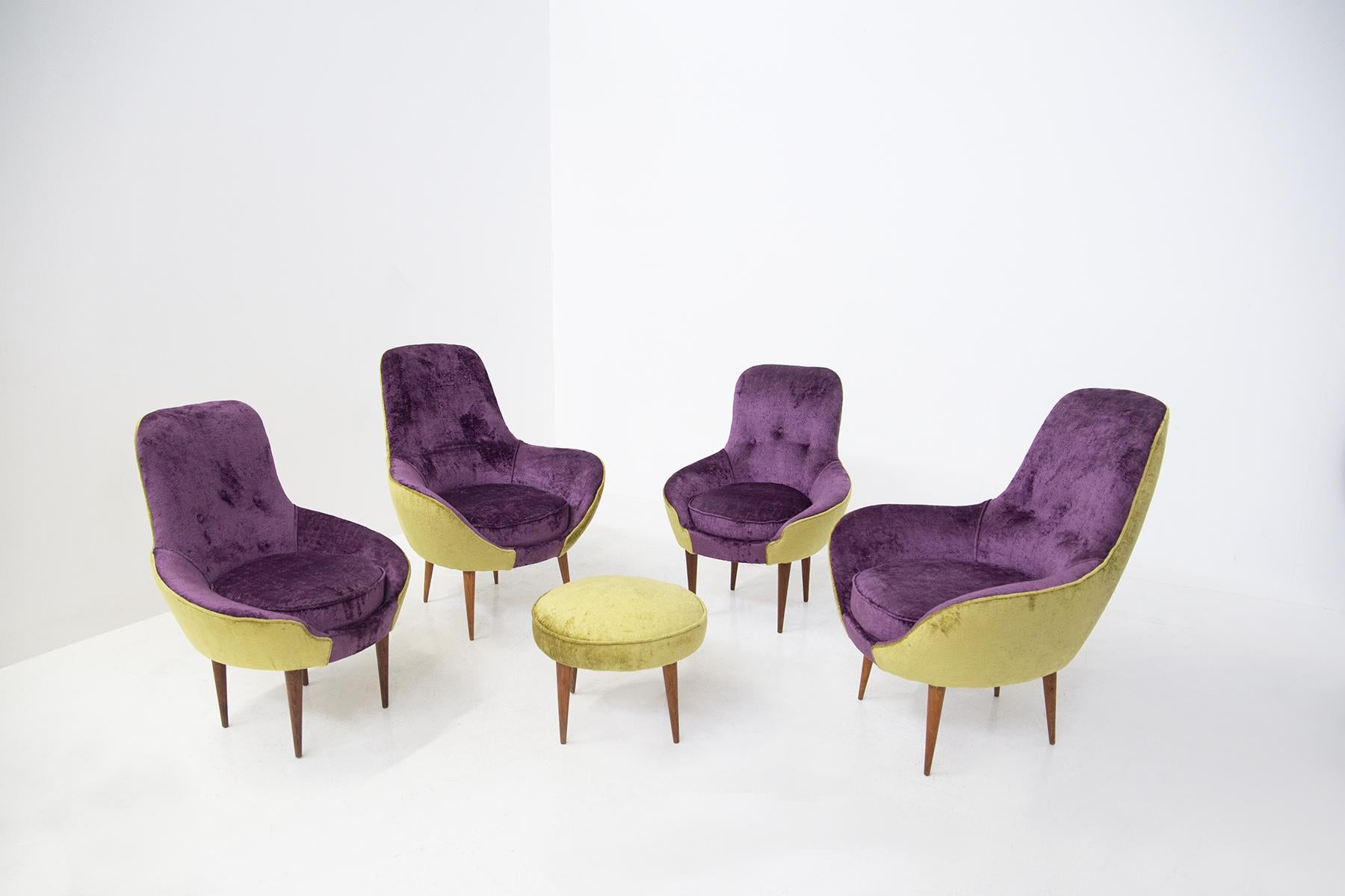 Small Vintage Wooden Armchairs in Velvet Purple and Green with Pouf For Sale 8