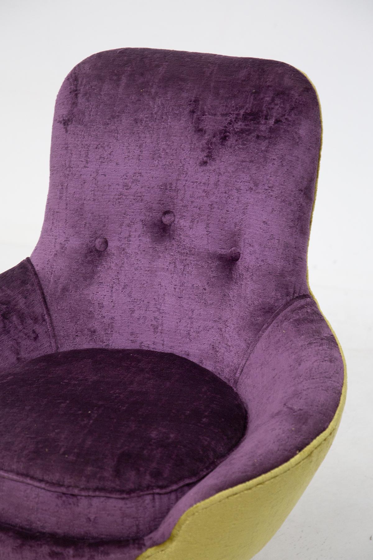 Mid-Century Modern Small Vintage Wooden Armchairs in Velvet Purple and Green with Pouf For Sale