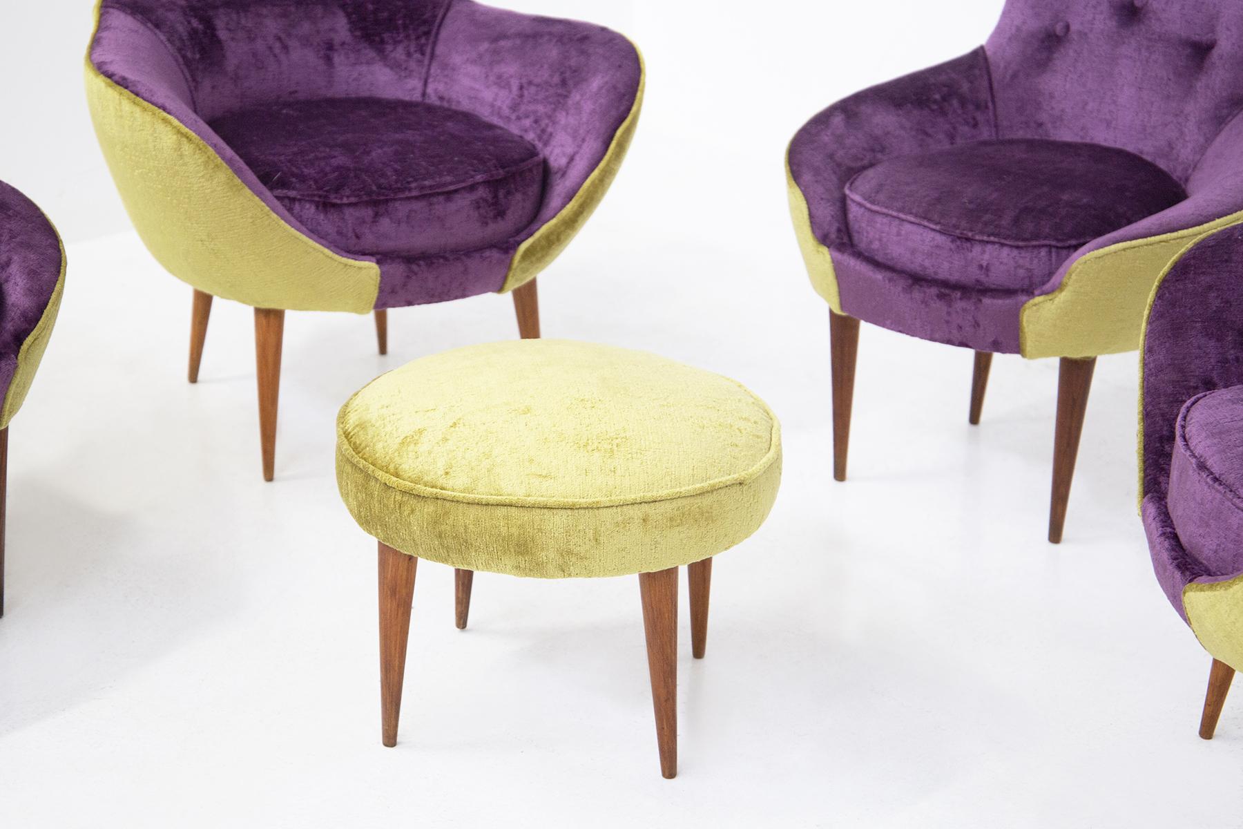 Mid-20th Century Small Vintage Wooden Armchairs in Velvet Purple and Green with Pouf For Sale