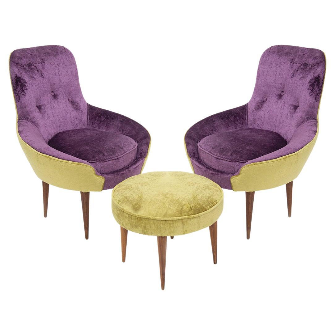 Small Vintage Wooden Armchairs in Velvet Purple and Green with Pouf For Sale