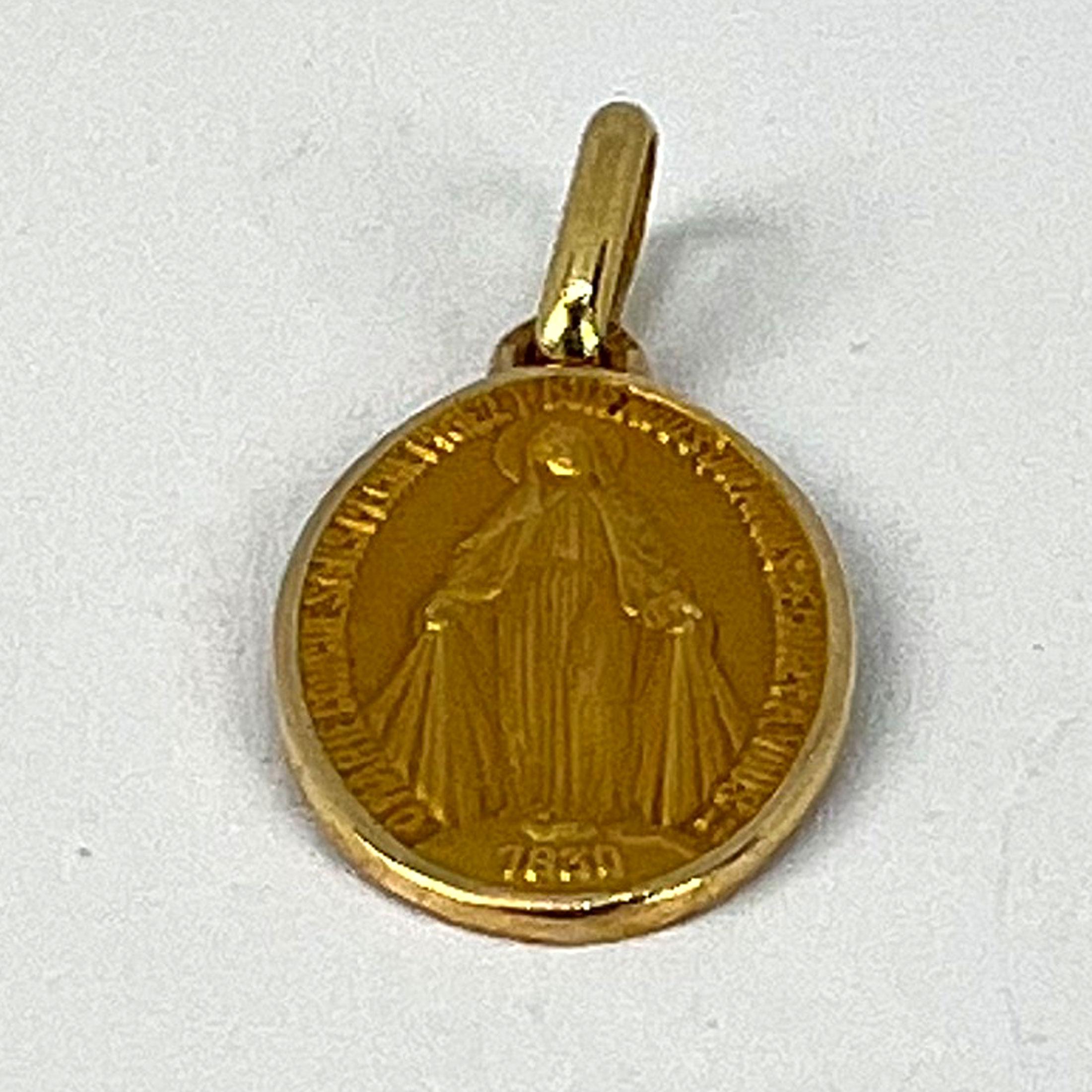 Small Virgin Mary Miraculous Medal 18K Yellow Gold Charm Pendant 9
