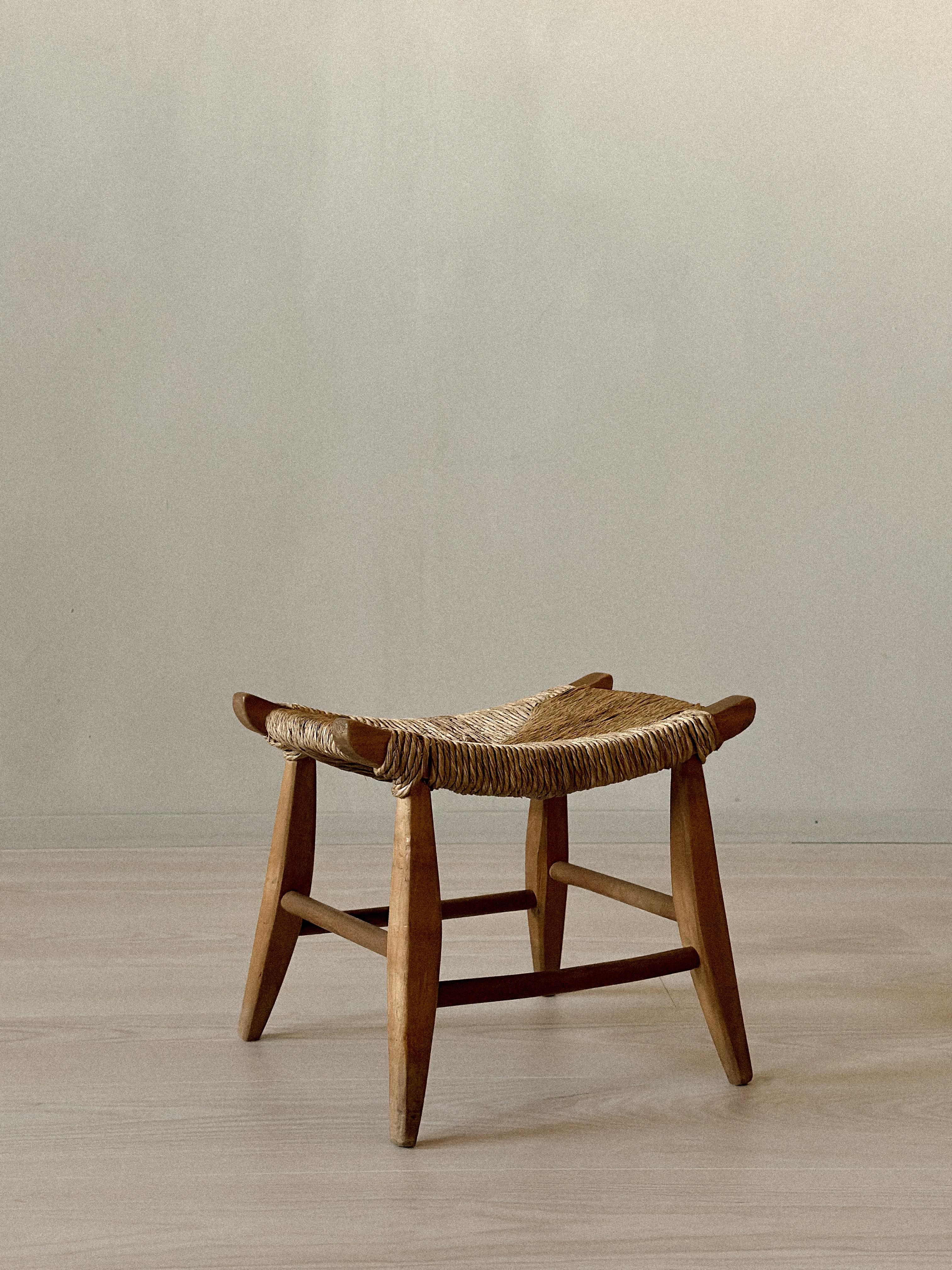 Small woven stool in Japandi style. Unknown designer, Scandinavia, c. 1960s. Wear consistent with age and use.