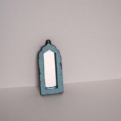 Small Wall Mirror in Reclaimed Wood - Blue Color Paint - India 1970s