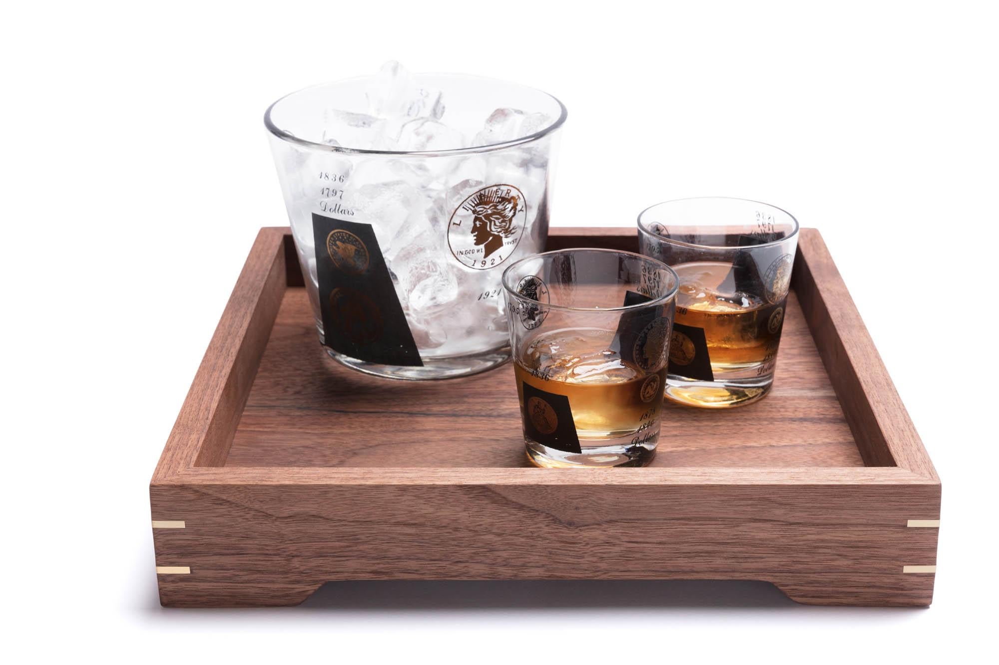 American Craftsman Small Walnut Wood and Brass Tray for Barware or Display by Alabama Sawyer