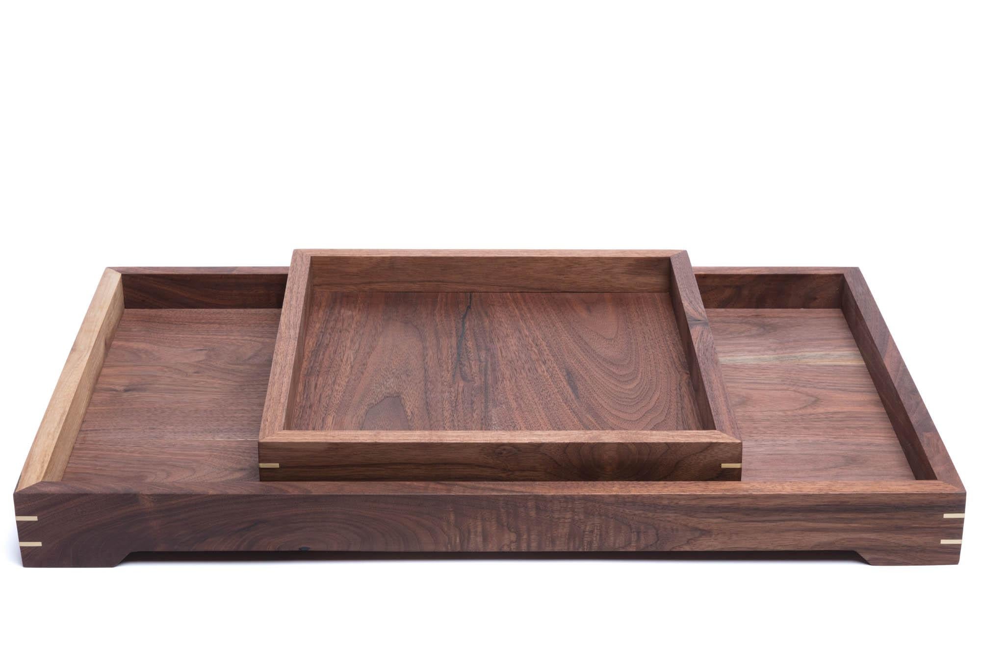 Contemporary Small Walnut Wood and Brass Tray for Barware or Display by Alabama Sawyer