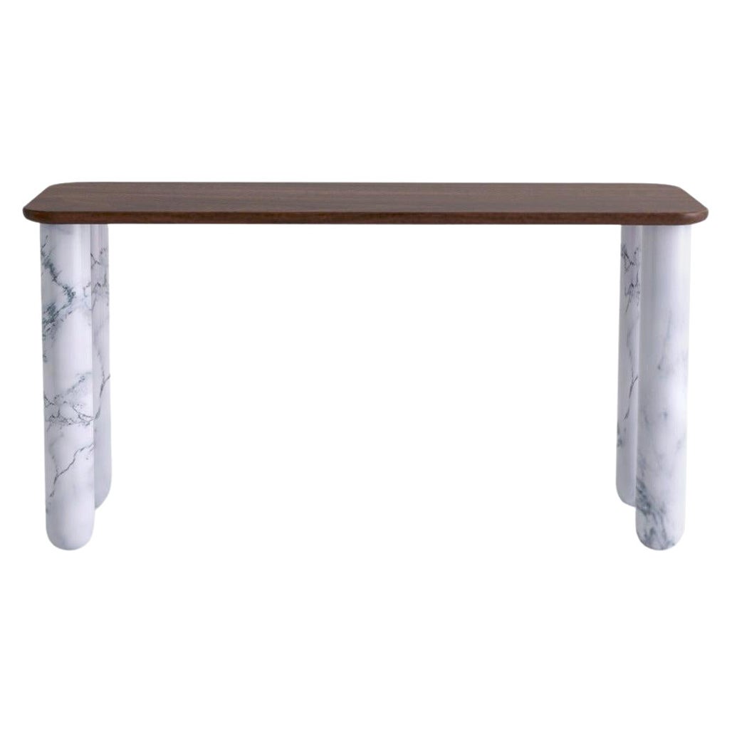 Small Walnut and White Marble "Sunday" Dining Table, Jean-Baptiste Souletie For Sale