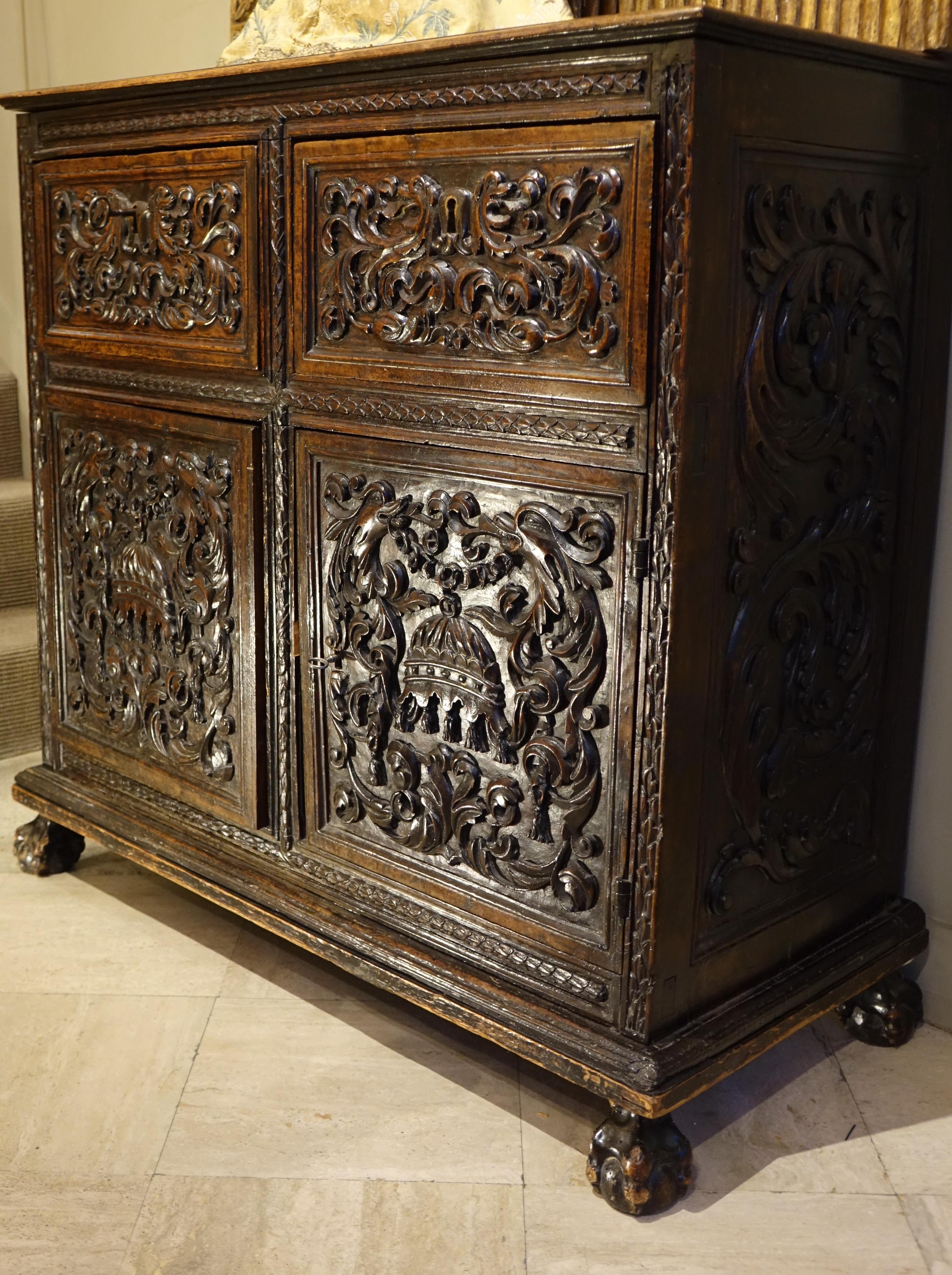 Hand-Carved Small walnut Buffet, Rhone Valley 17th century France For Sale