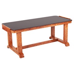 Small Walnut Coffee Table, Czech Art Deco, Black Glass