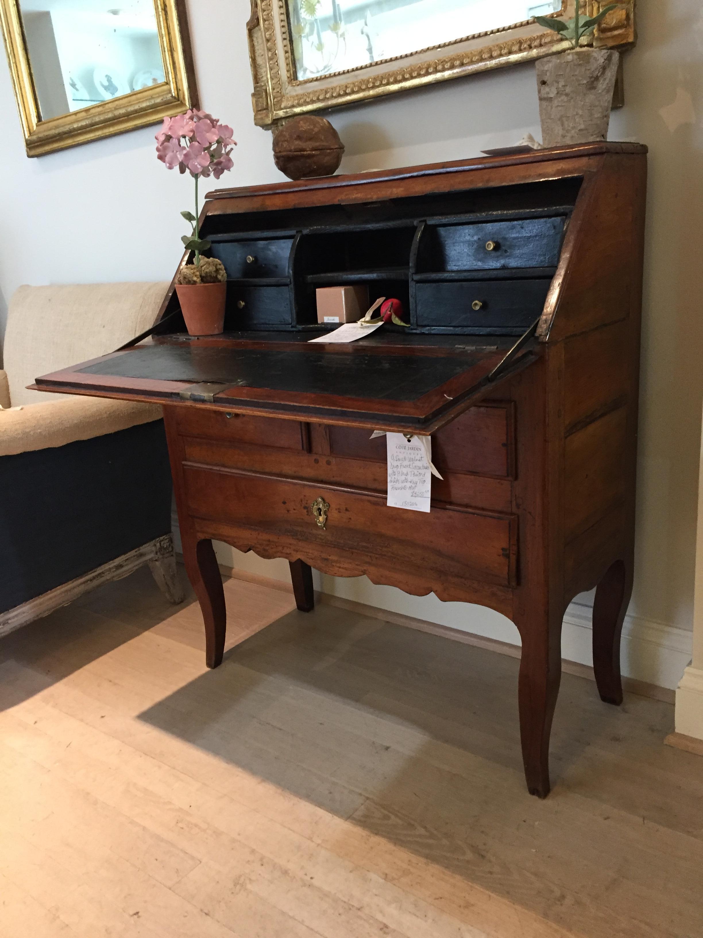 Early 19th Century Small Walnut Drop Front Secretaire with Black Painted Inside with Key