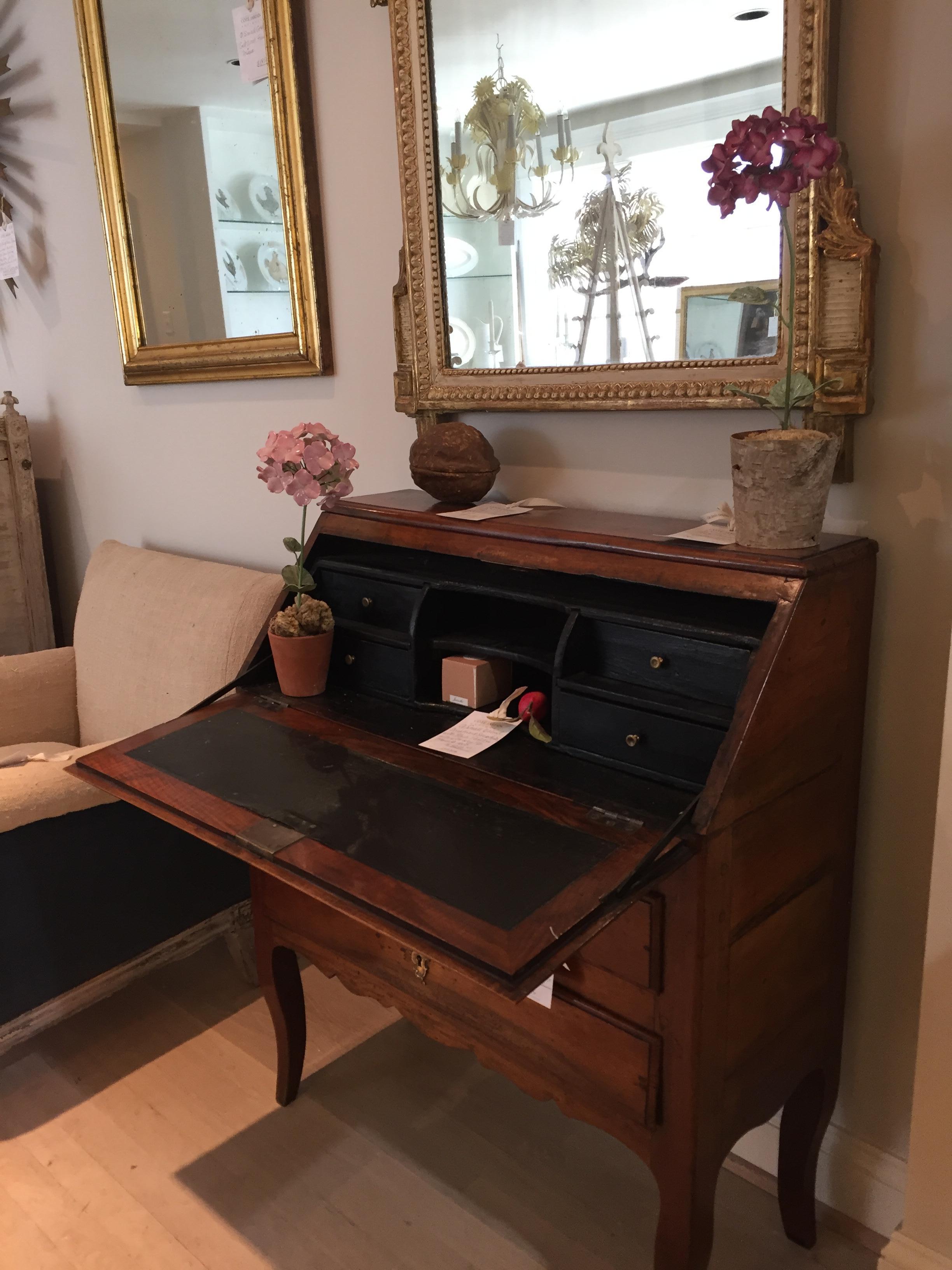 Small Walnut Drop Front Secretaire with Black Painted Inside with Key 1
