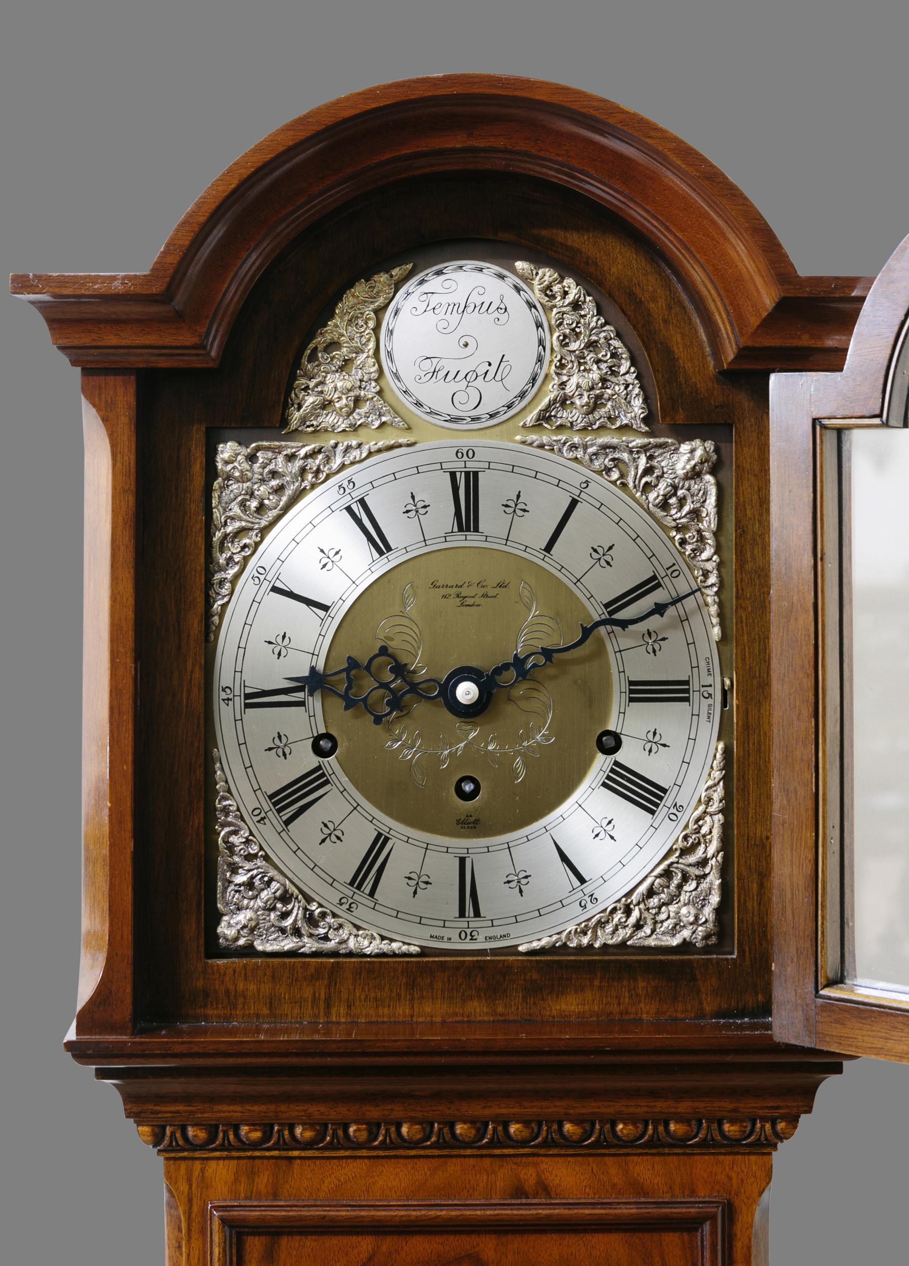 British Small Walnut Longcase Clock Retailed by Garrards For Sale