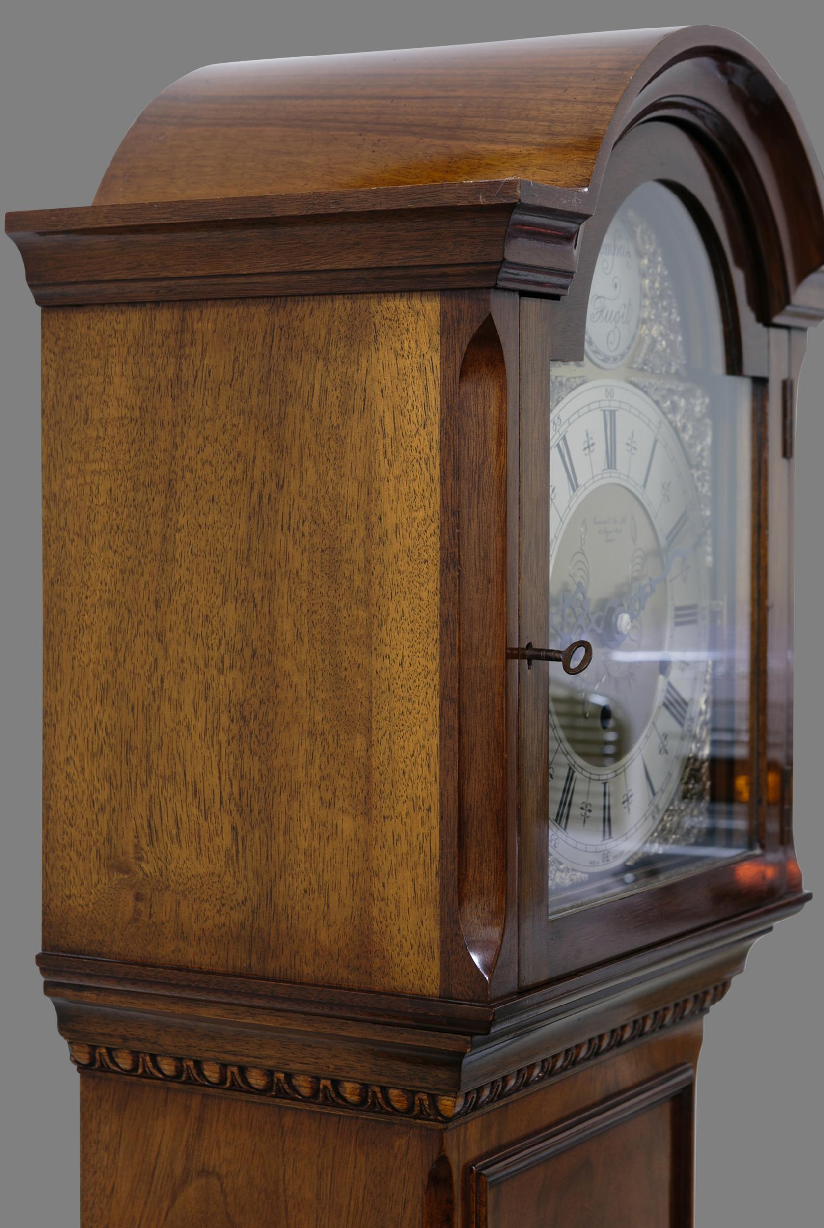 Small Walnut Longcase Clock Retailed by Garrards In Good Condition For Sale In Norwich, GB