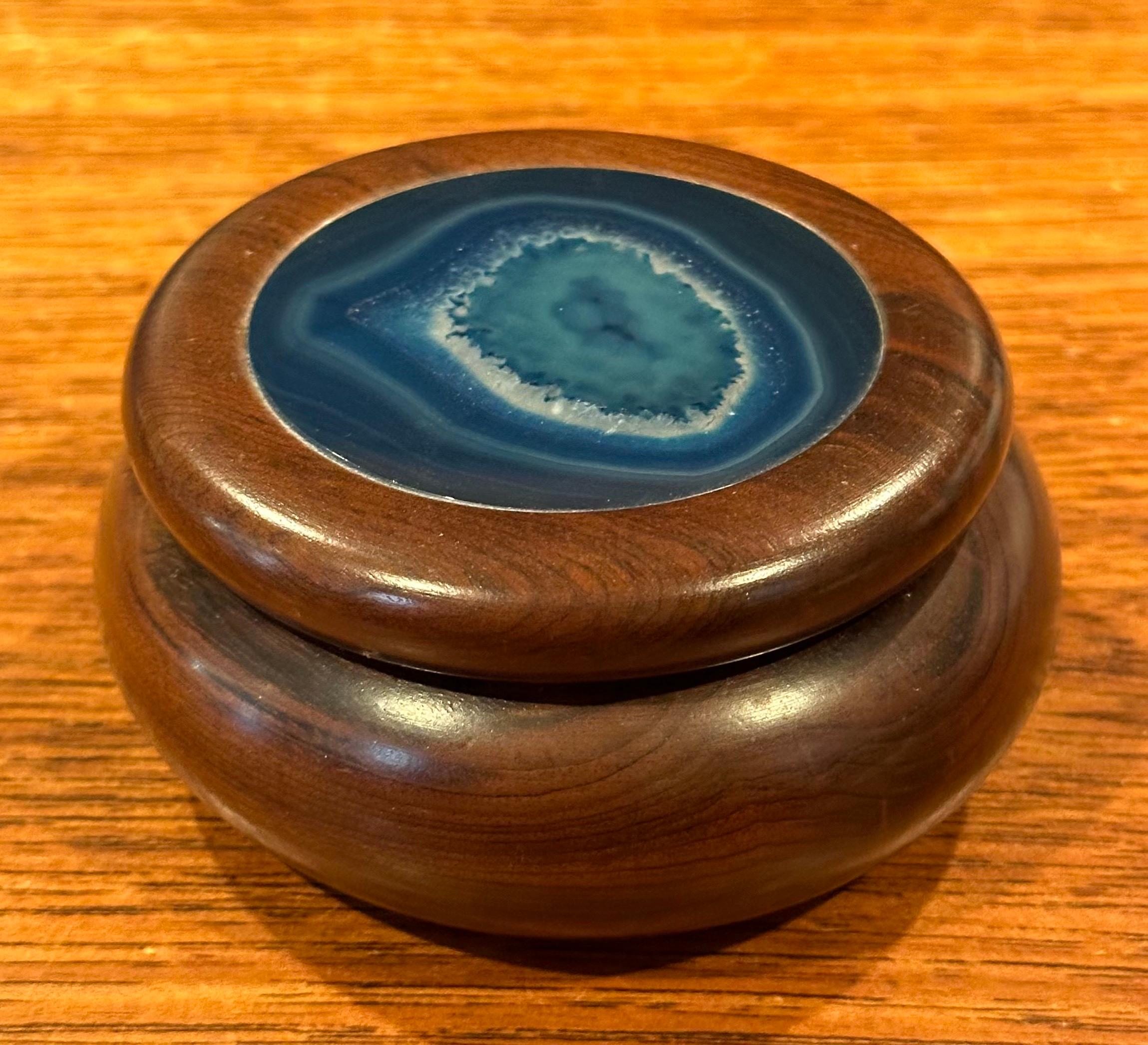 20th Century Small Walnut Trinket Box with Agate Inlay Lid For Sale