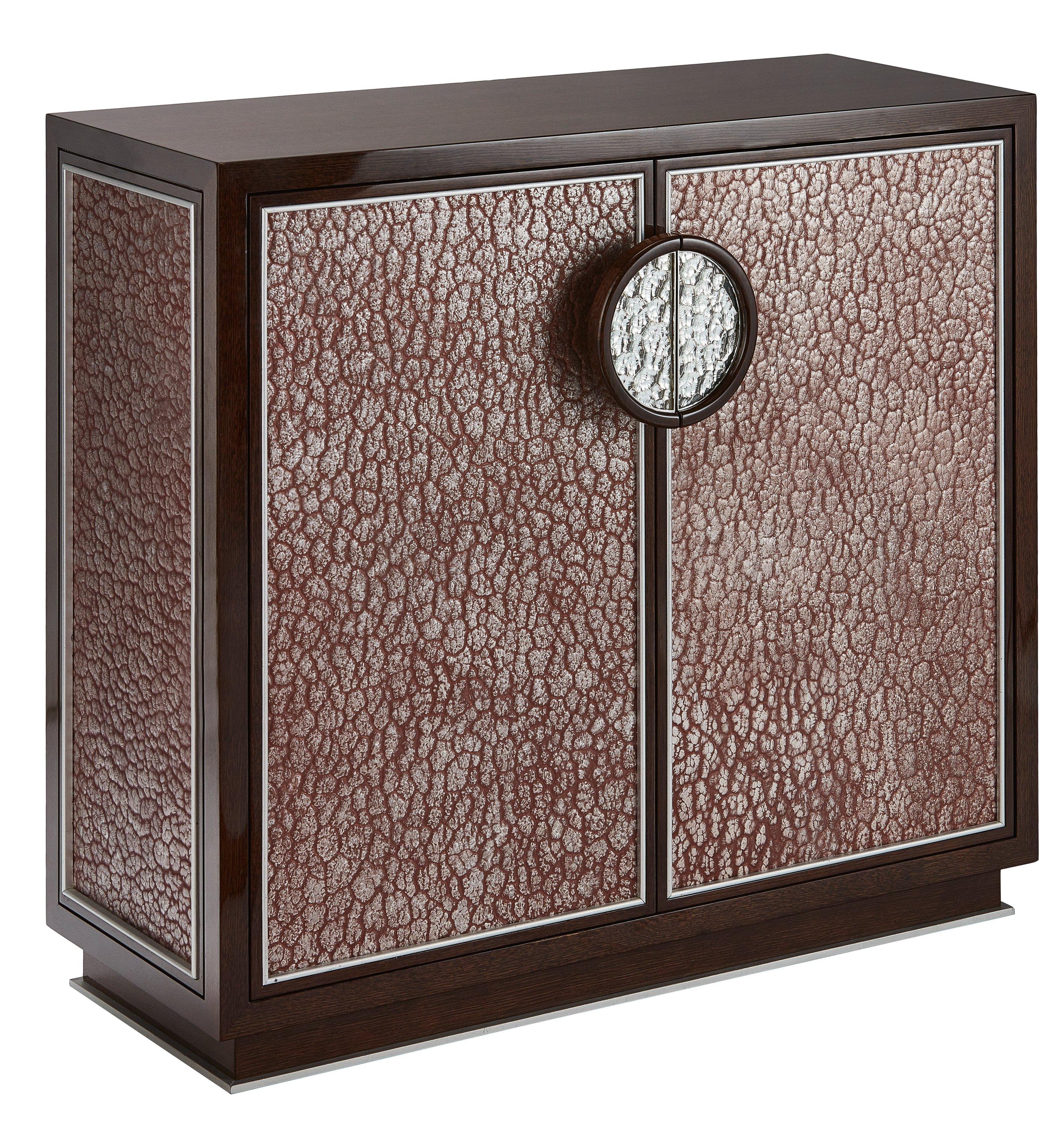 Polish Small Walnut Veneer Cabinet with Decorative Glass Platine Panels, Available Now For Sale