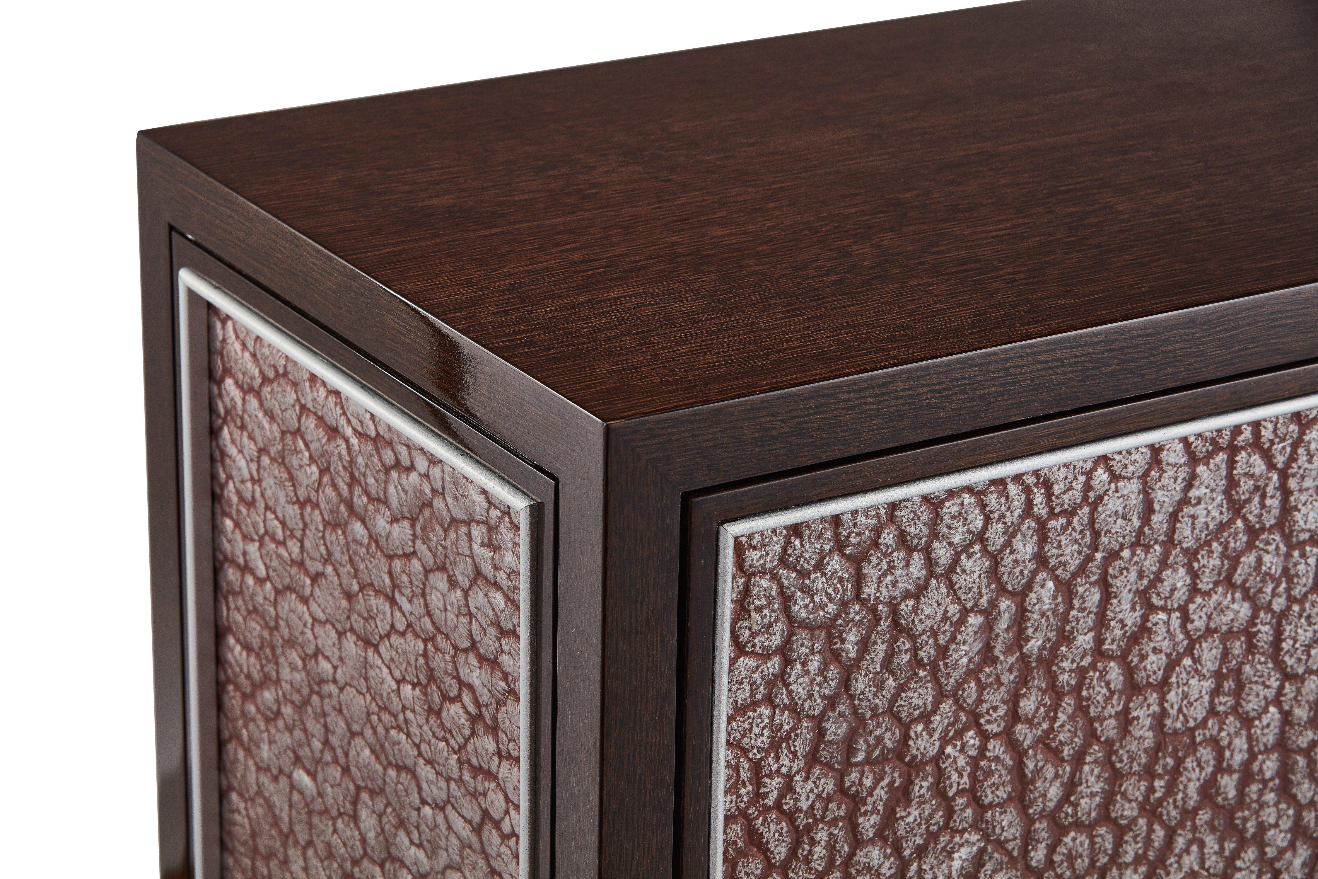 Patinated Small Walnut Veneer Cabinet with Decorative Glass Platine Panels, Available Now For Sale