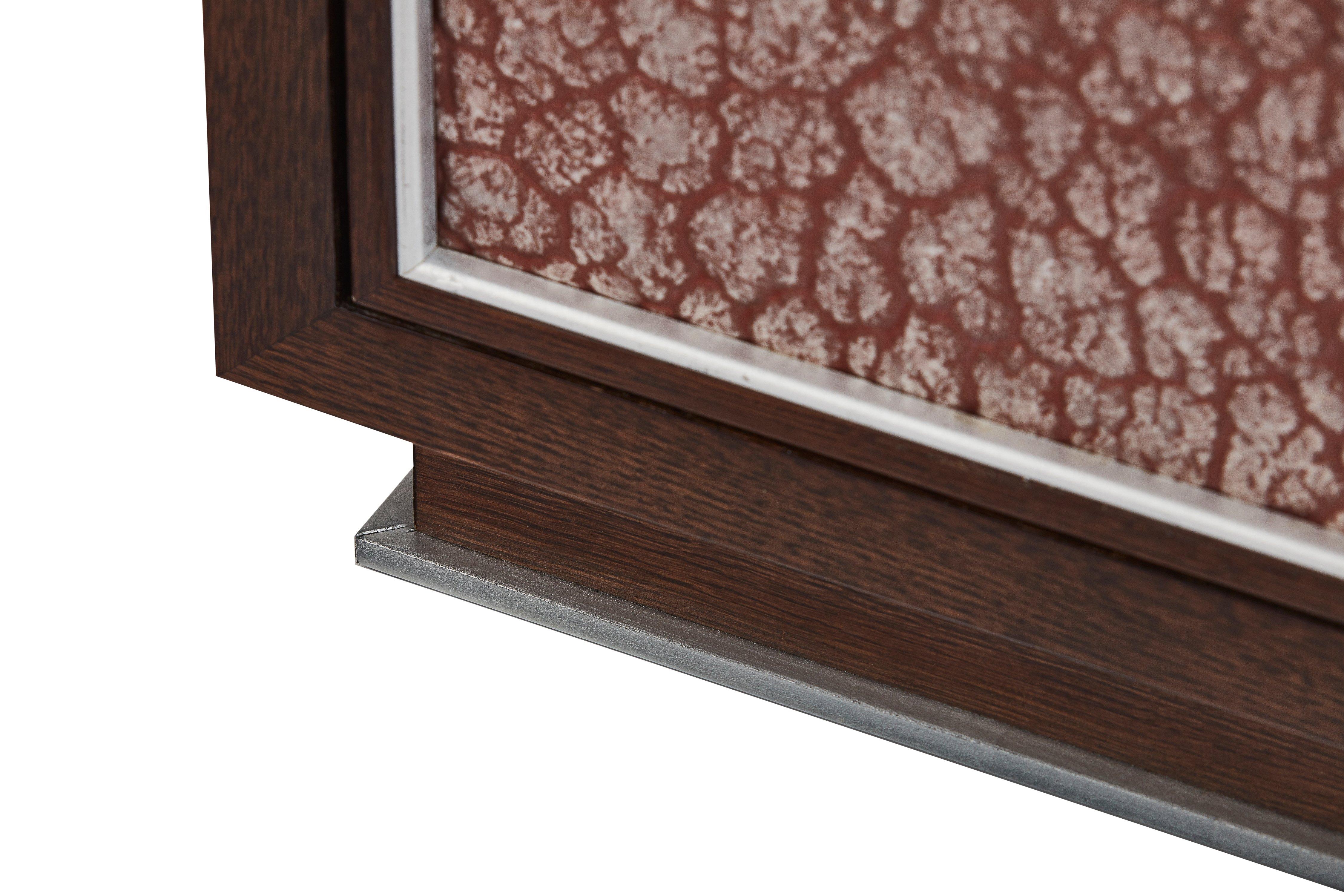 Polish Small Walnut Veneer Cabinet with Decorative Glass Patine Panels, Customizable For Sale