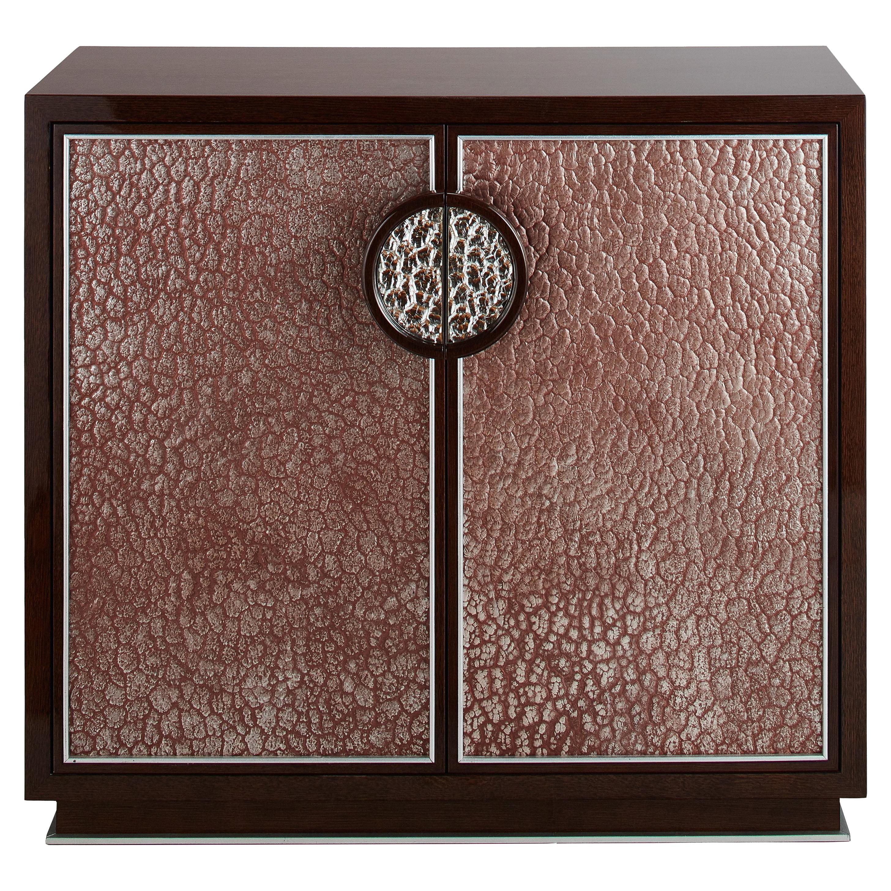 Small Walnut Veneer Cabinet with Decorative Glass Patine Panels, Customizable For Sale