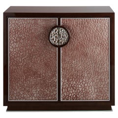 Small Walnut Veneer Cabinet with Decorative Glass Patine Panels, Customizable