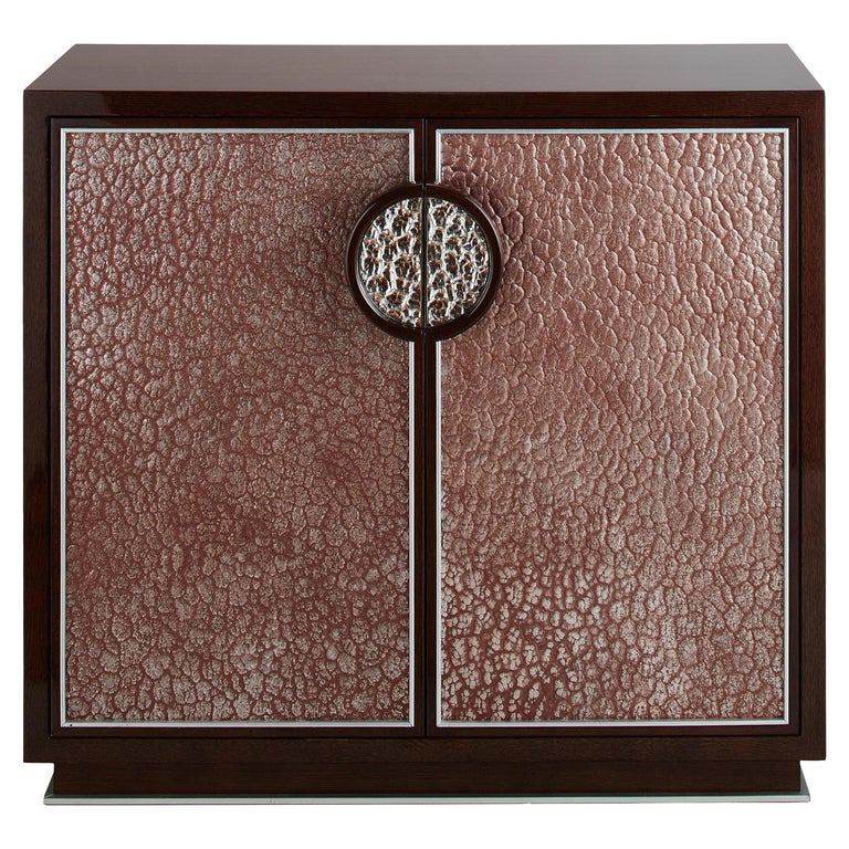 Small Walnut Veneer Cabinet With Decorative Glass Patine Panels
