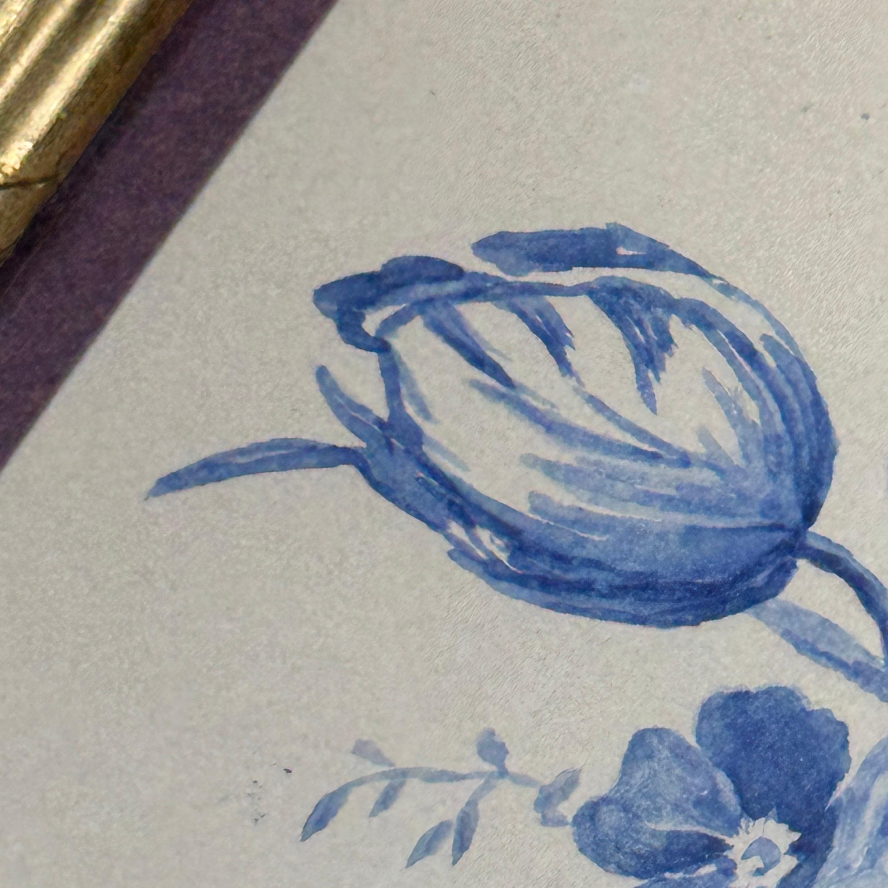 Small Watercolor Art of Blue Roses in Gilt Wood Ribbon Frame, 1920's For Sale 4