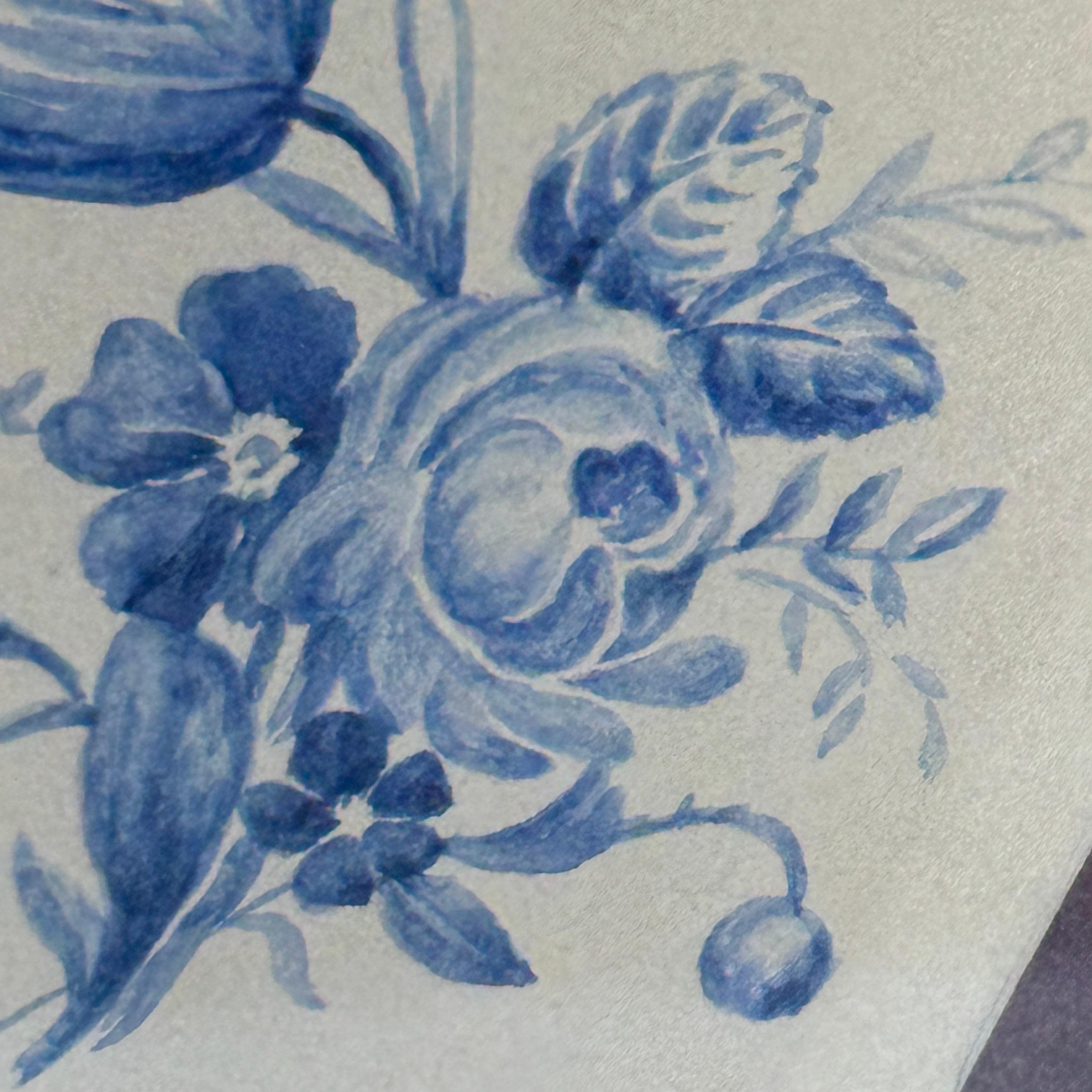 Small Watercolor Art of Blue Roses in Gilt Wood Ribbon Frame, 1920's For Sale 5