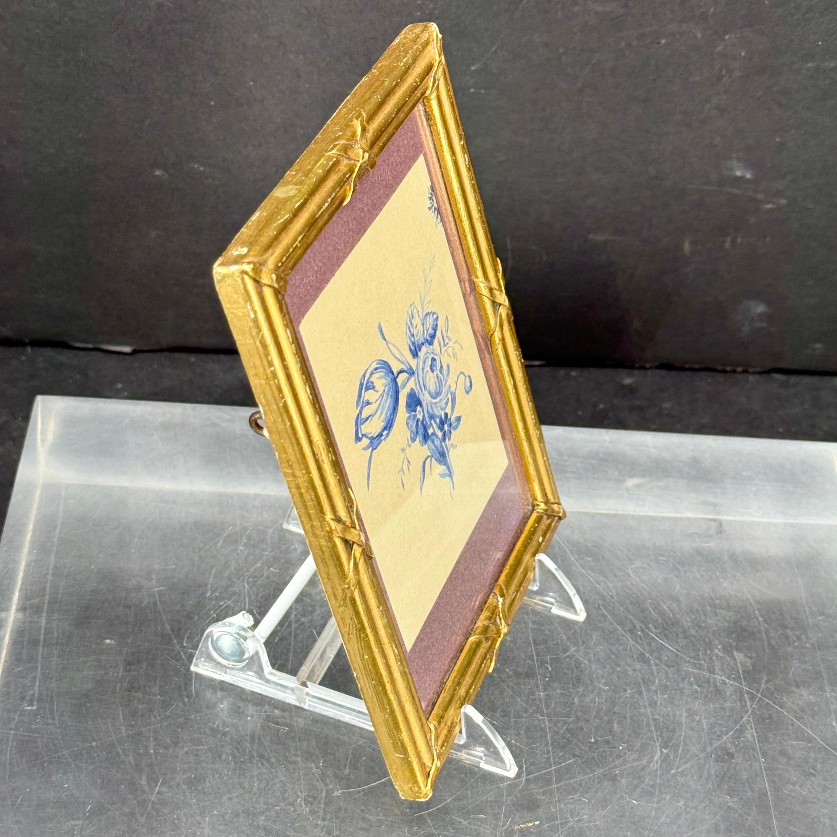 Louis XIV Small Watercolor Art of Blue Roses in Gilt Wood Ribbon Frame, 1920's For Sale