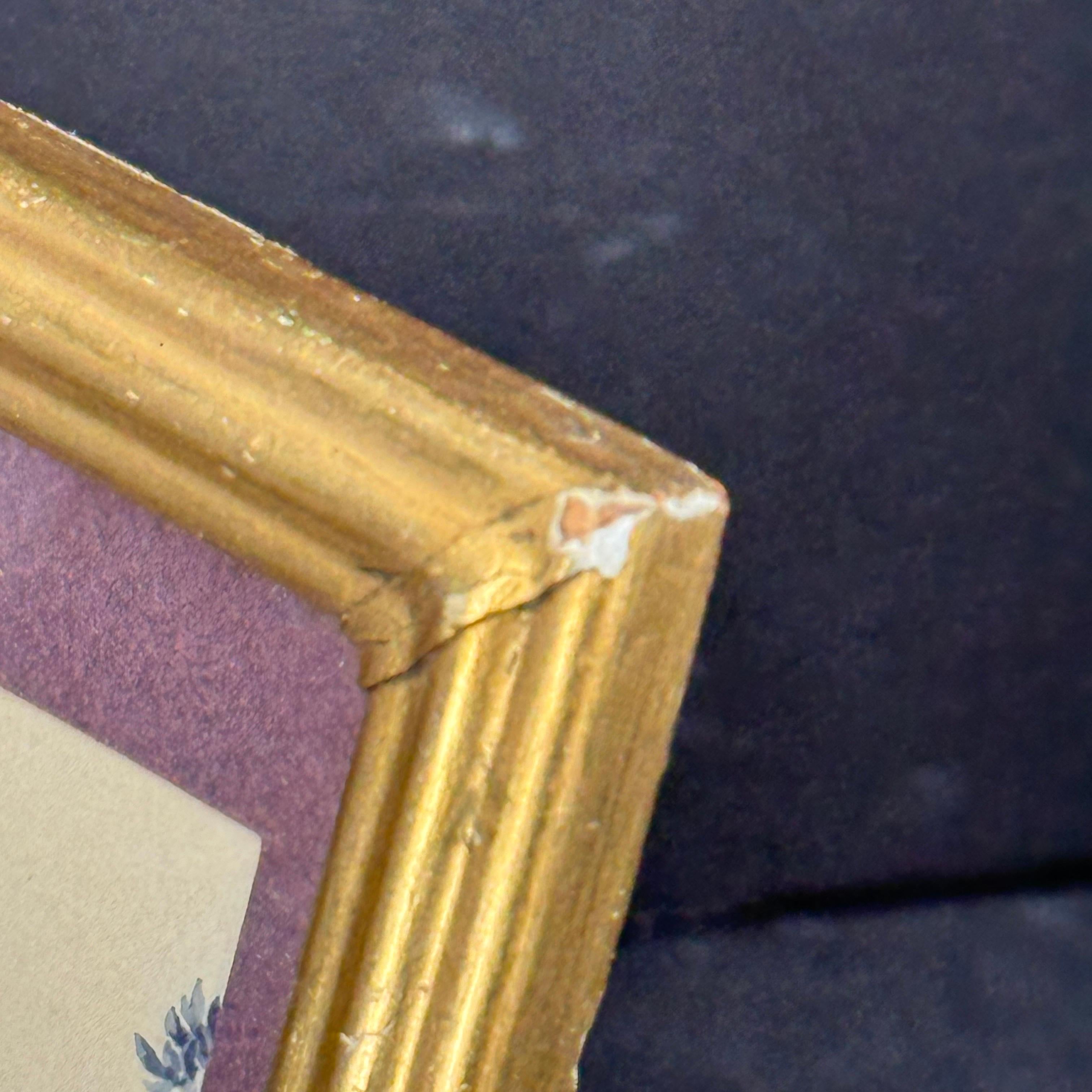 Gold Small Watercolor Art of Blue Roses in Gilt Wood Ribbon Frame, 1920's For Sale