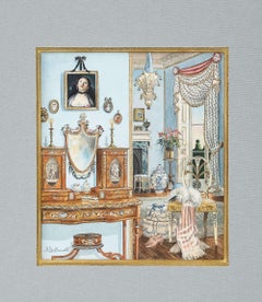 Kleines Aquarell "Blaues Boudoir mit Prince of Wales Chair" von David Connell