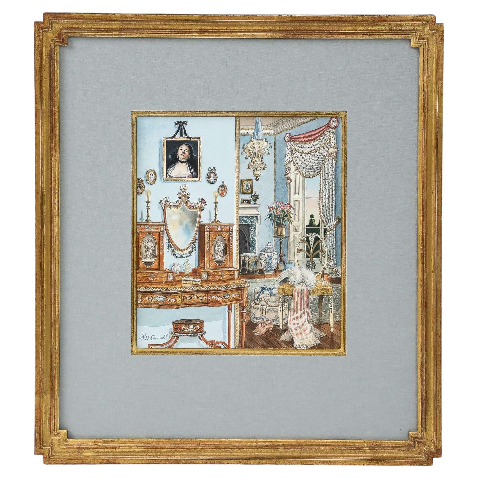 Piccolo acquerello "Boudoir blu con sedia Principe di Galles" di David Connell in vendita