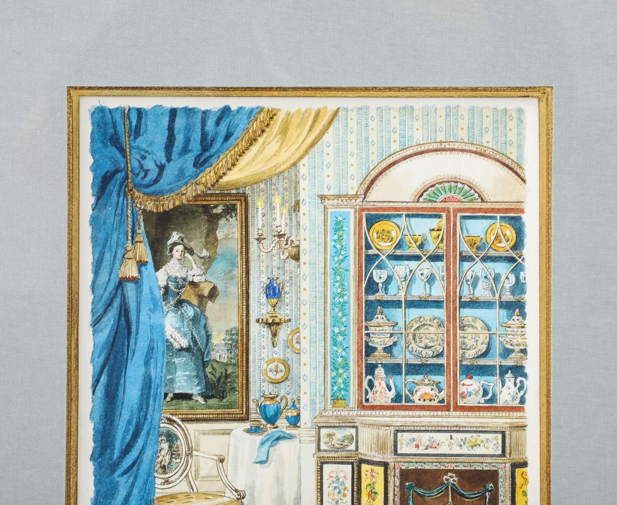 Kleines Aquarell einer französischen Interieurszene 