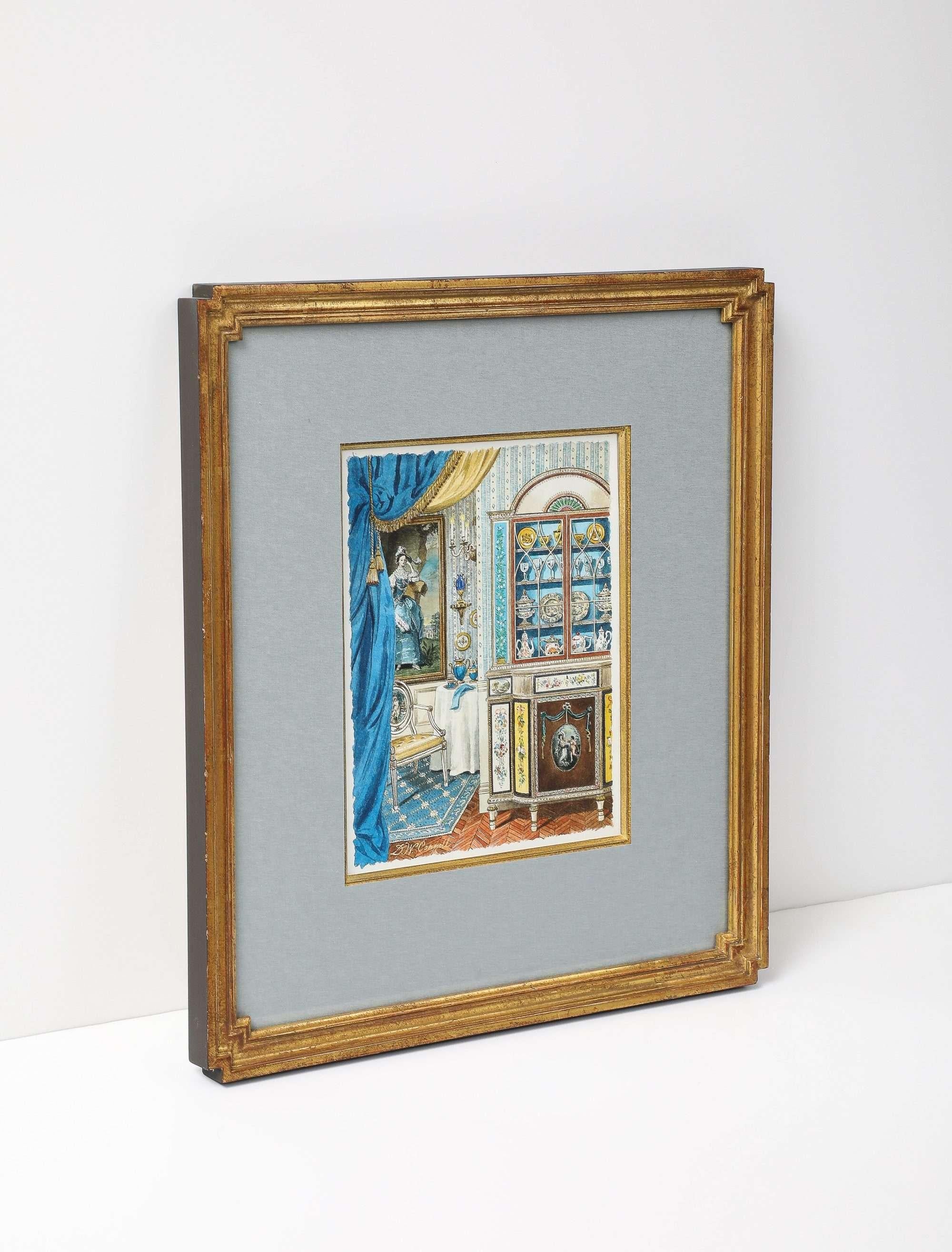 Kleines Aquarell von Lady's Parlor von David Connell (Mitte des 20. Jahrhunderts) im Angebot