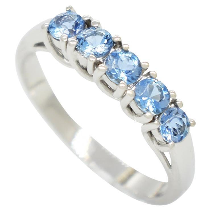 Small Wedding Band Ring With Round Cut Aquamarines in 18K White Gold For Sale