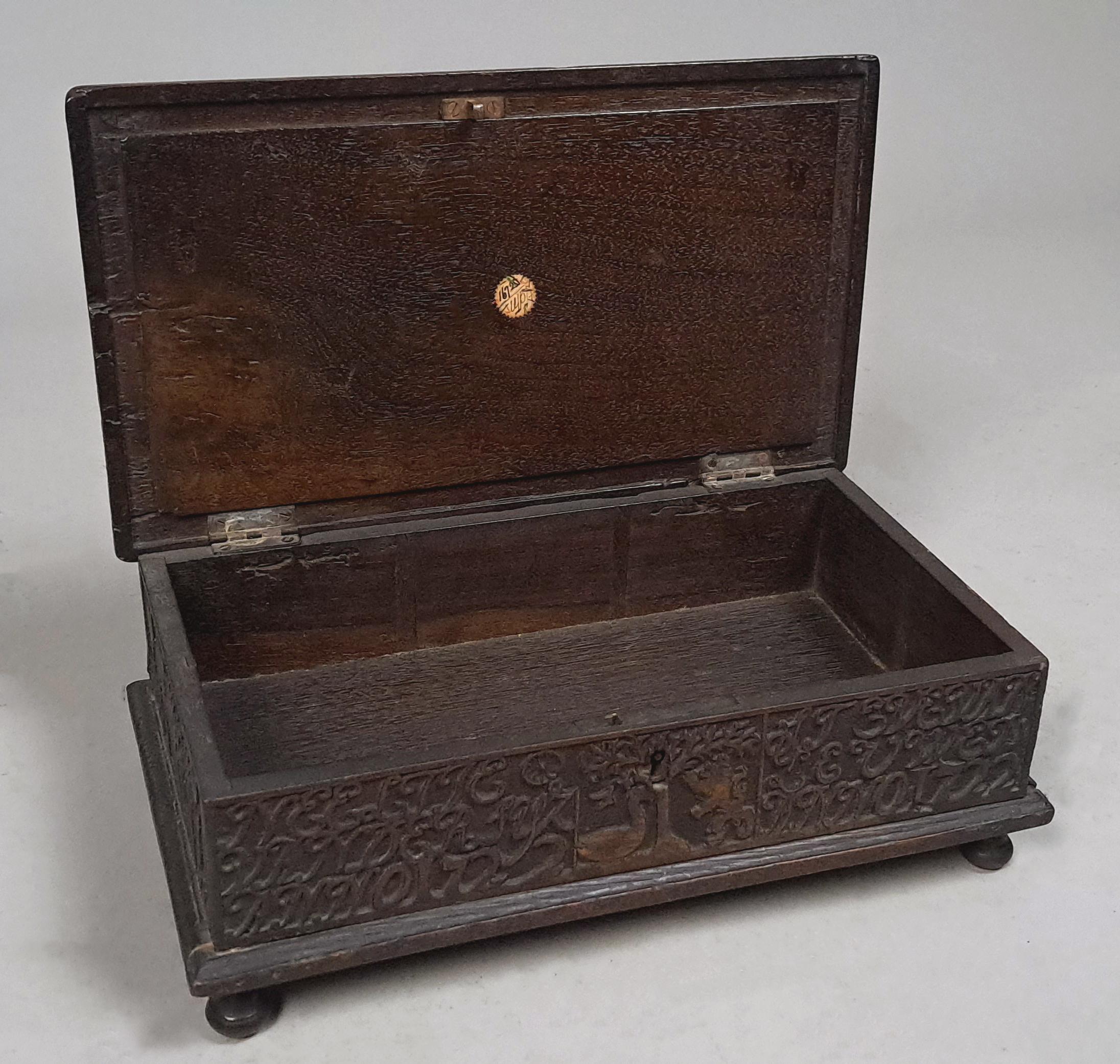 Small Well Carved Bible Box with Bible Dated 1722 For Sale 6