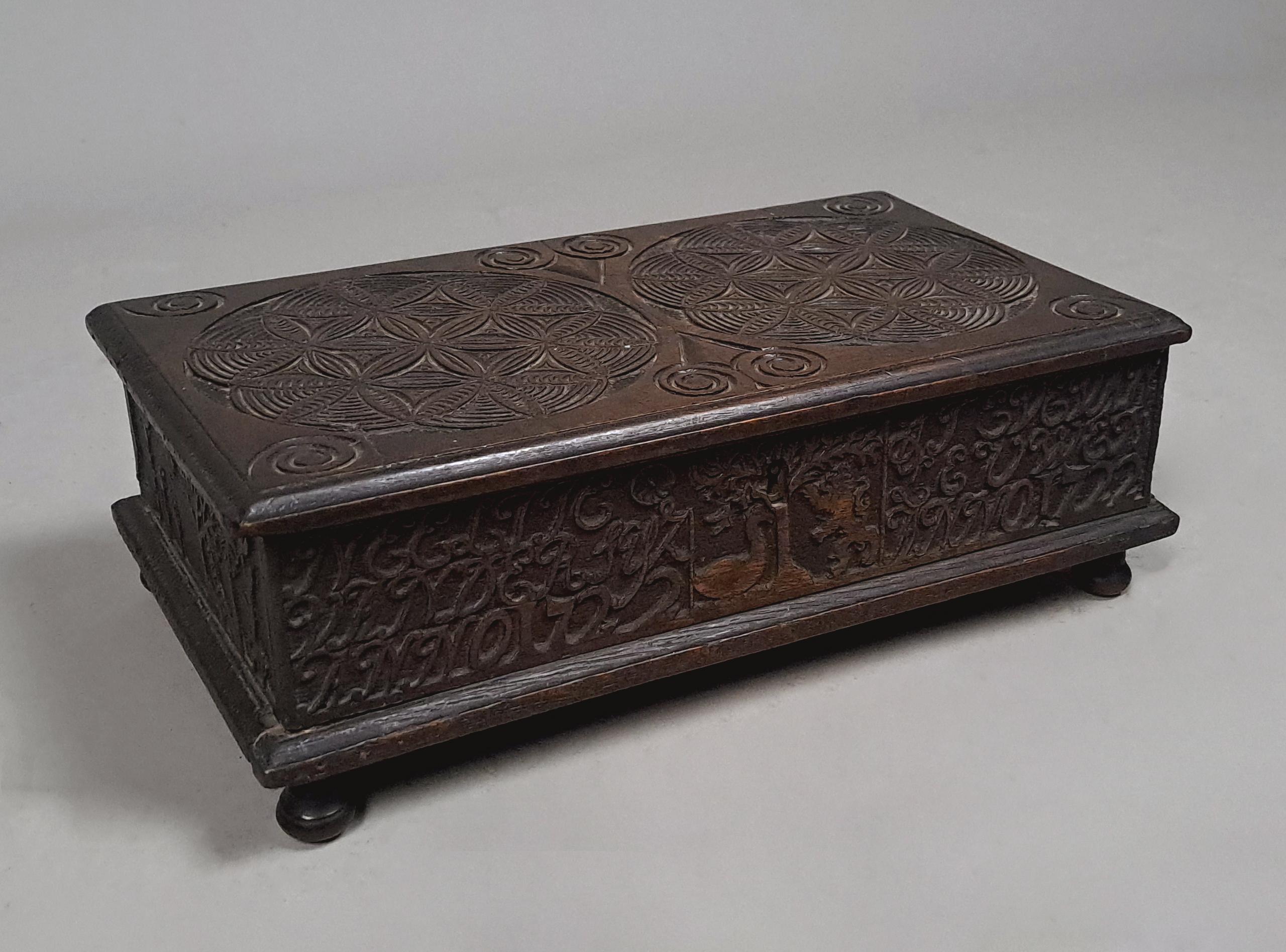 Oak Small Well Carved Bible Box with Bible Dated 1722 For Sale