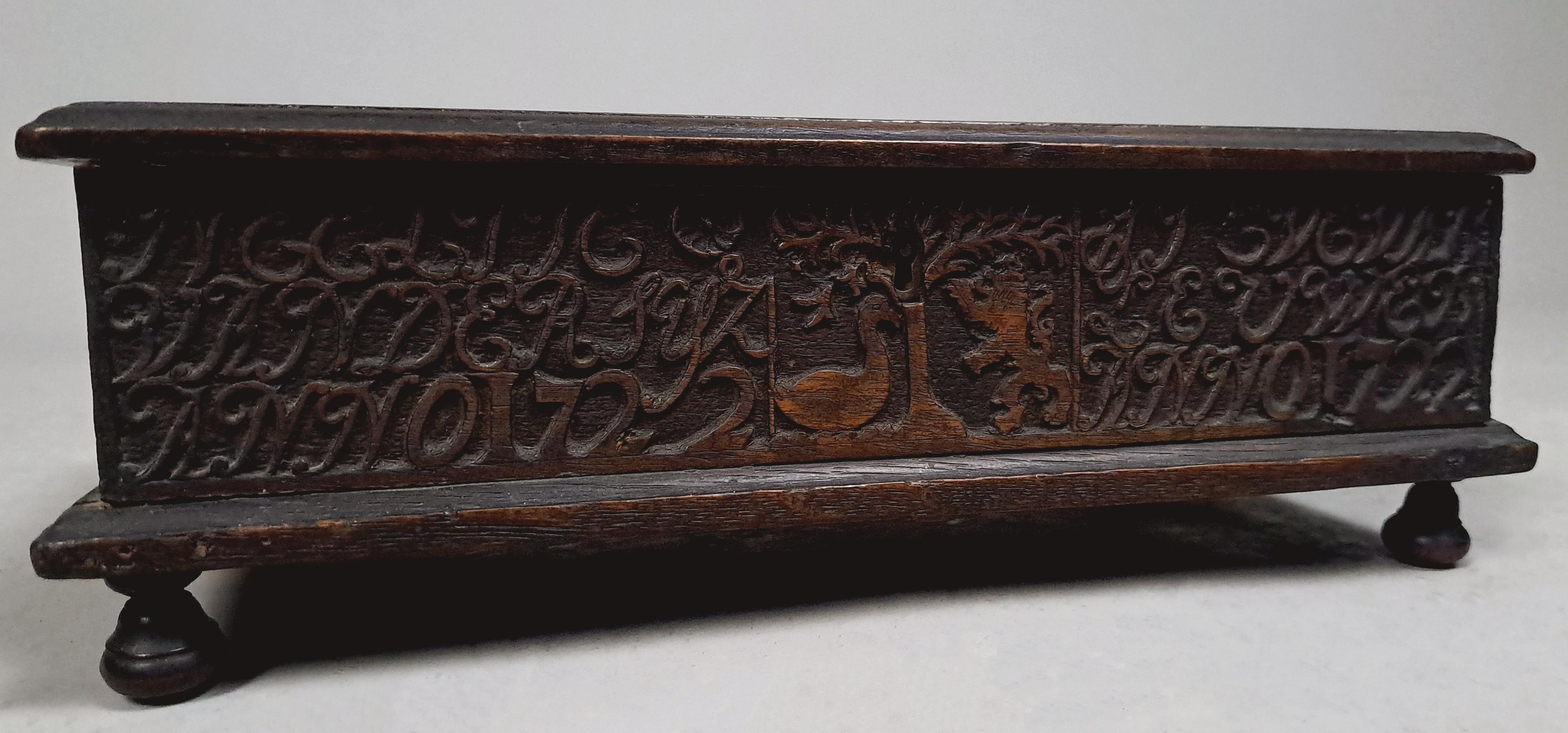 Small Well Carved Bible Box with Bible Dated 1722 For Sale 1