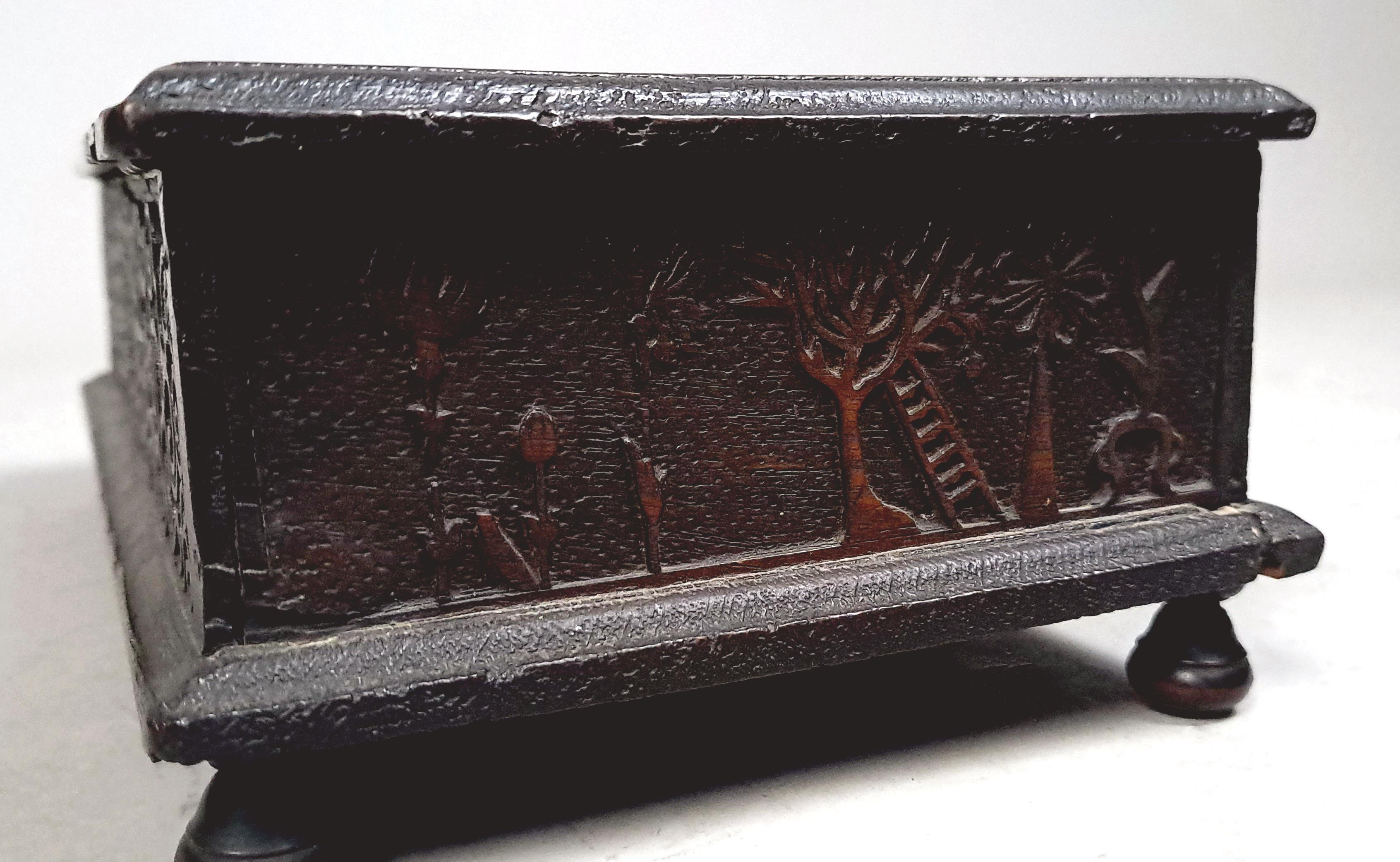 Small Well Carved Bible Box with Bible Dated 1722 For Sale 2