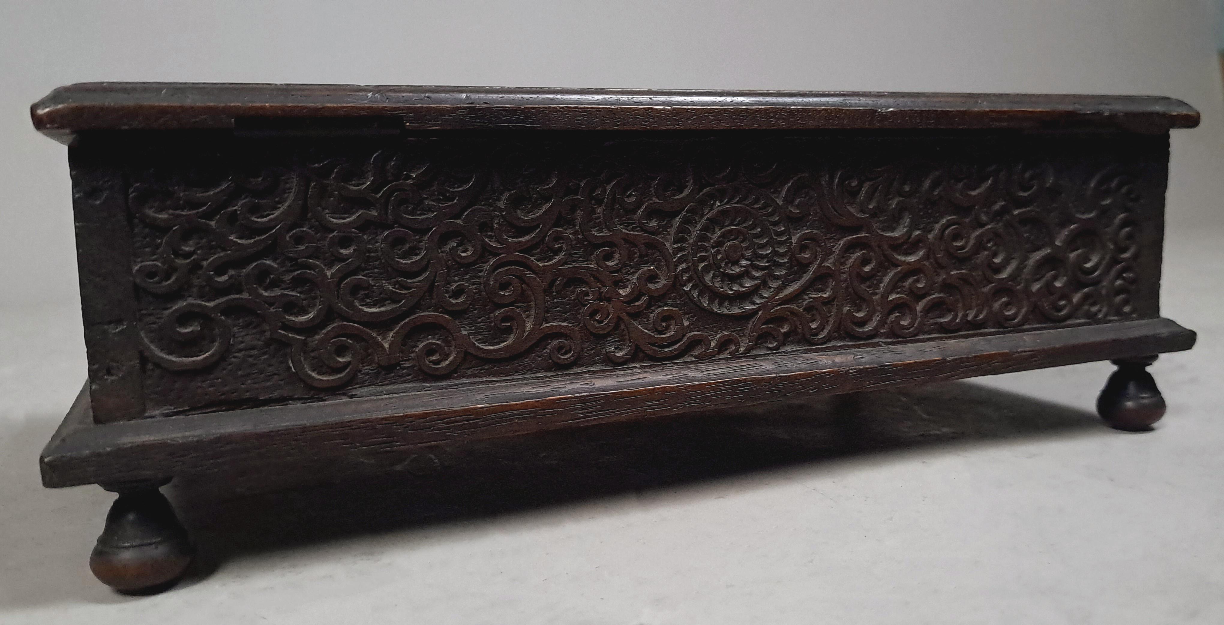 Small Well Carved Bible Box with Bible Dated 1722 For Sale 3