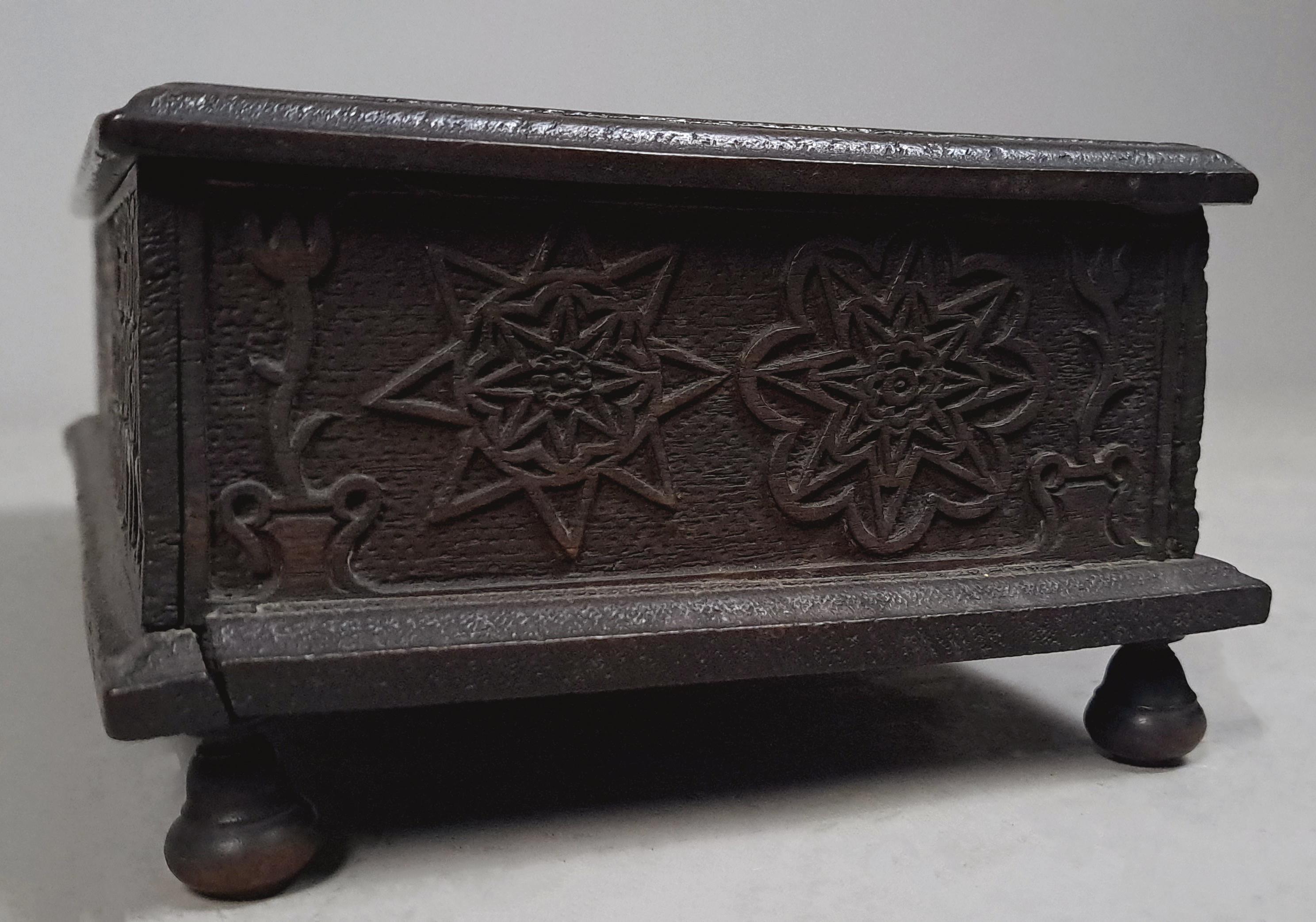 Small Well Carved Bible Box with Bible Dated 1722 For Sale 4
