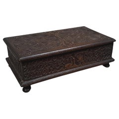 Small Well Carved Bible Box with Bible Dated 1722