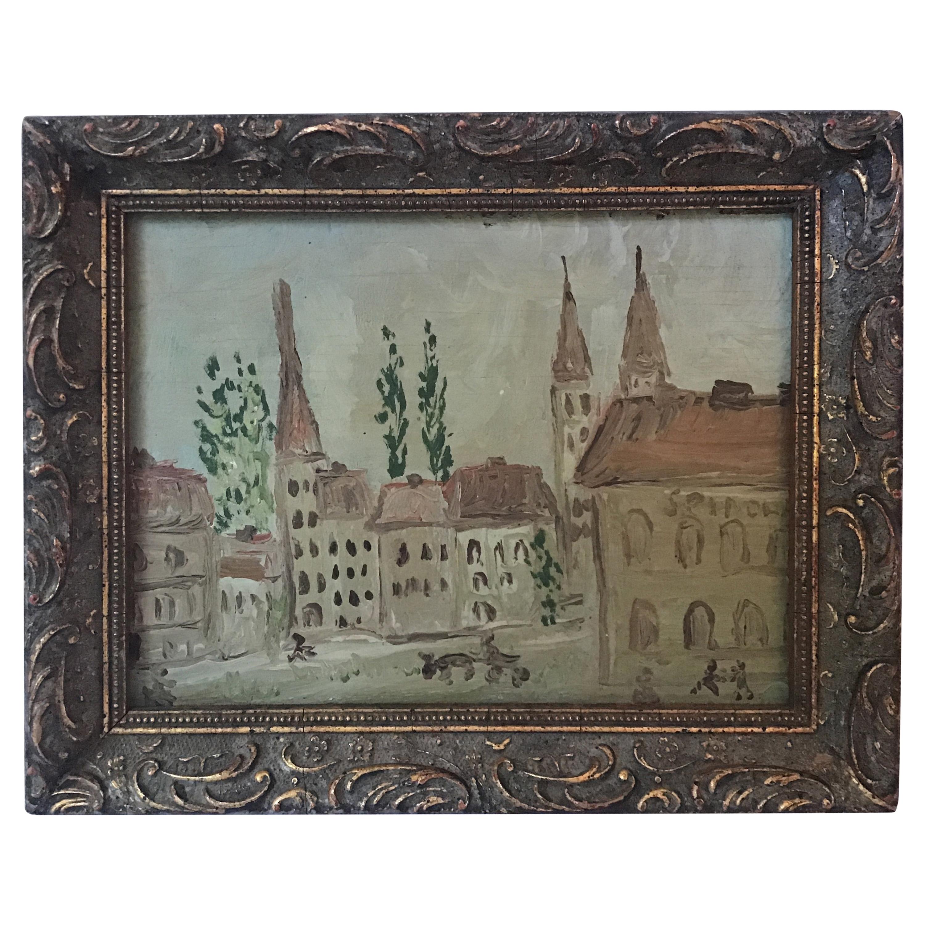 Small Whimsical Oil Painting of European Village by Spinola