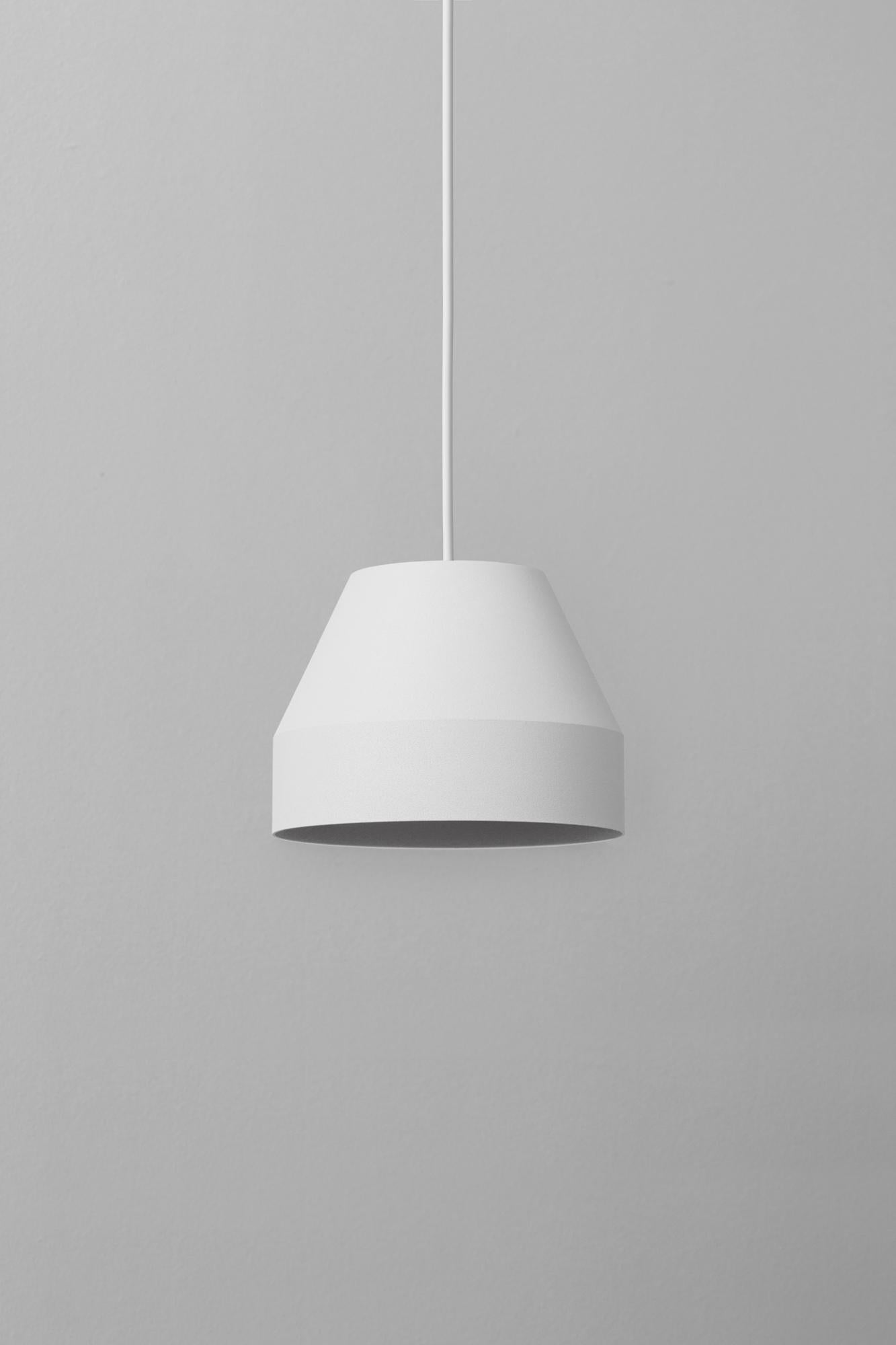 Small White Cap Pendant Lamp by +kouple
Dimensions: Ø 16 x H 12 cm. 
Materials: Powder-coated steel.

Available in different color options. The rod length is 200 cm. Please contact us.

All our lamps can be wired according to each country. If sold
